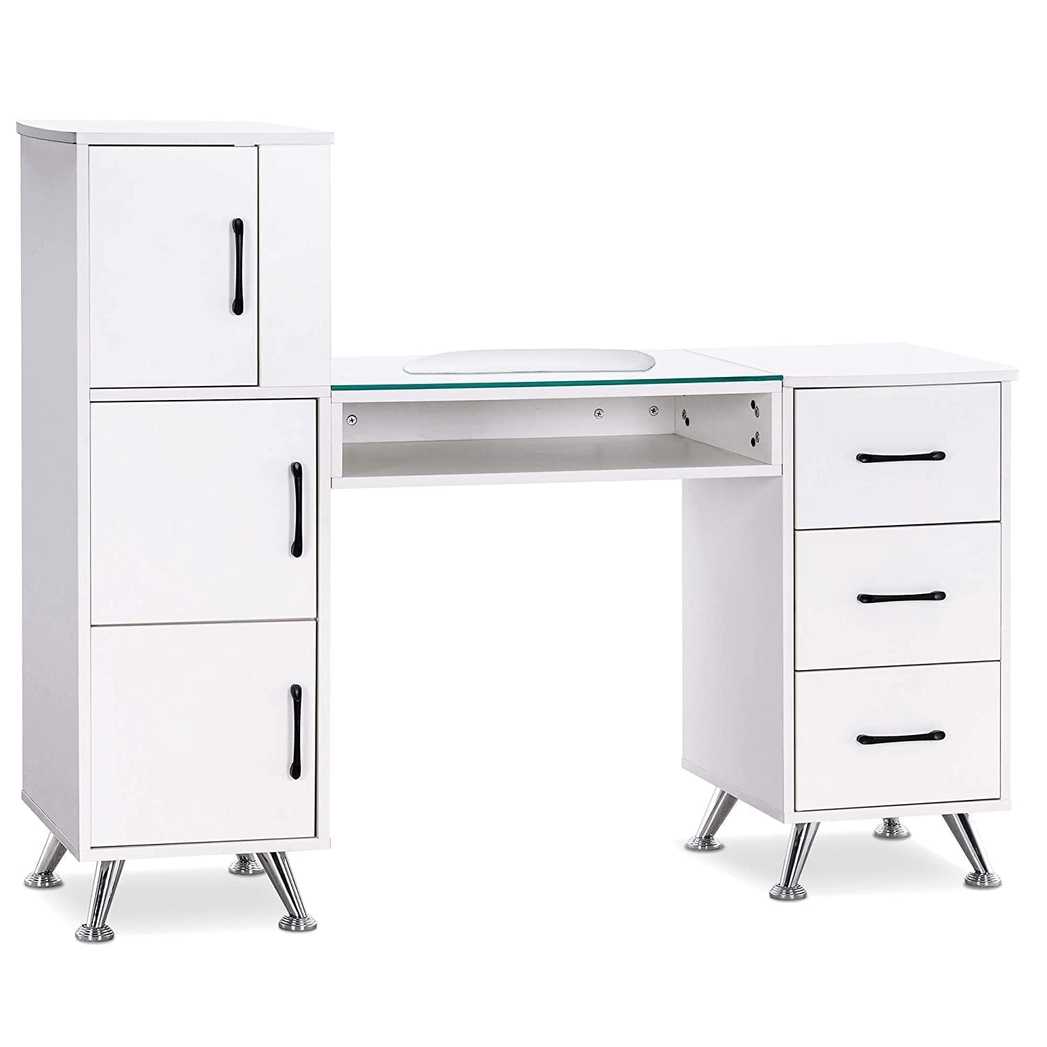 BarberPub Makeup Vanity Desk with Storage Drawer and Cabinet, Nail Desk with Glass Top
