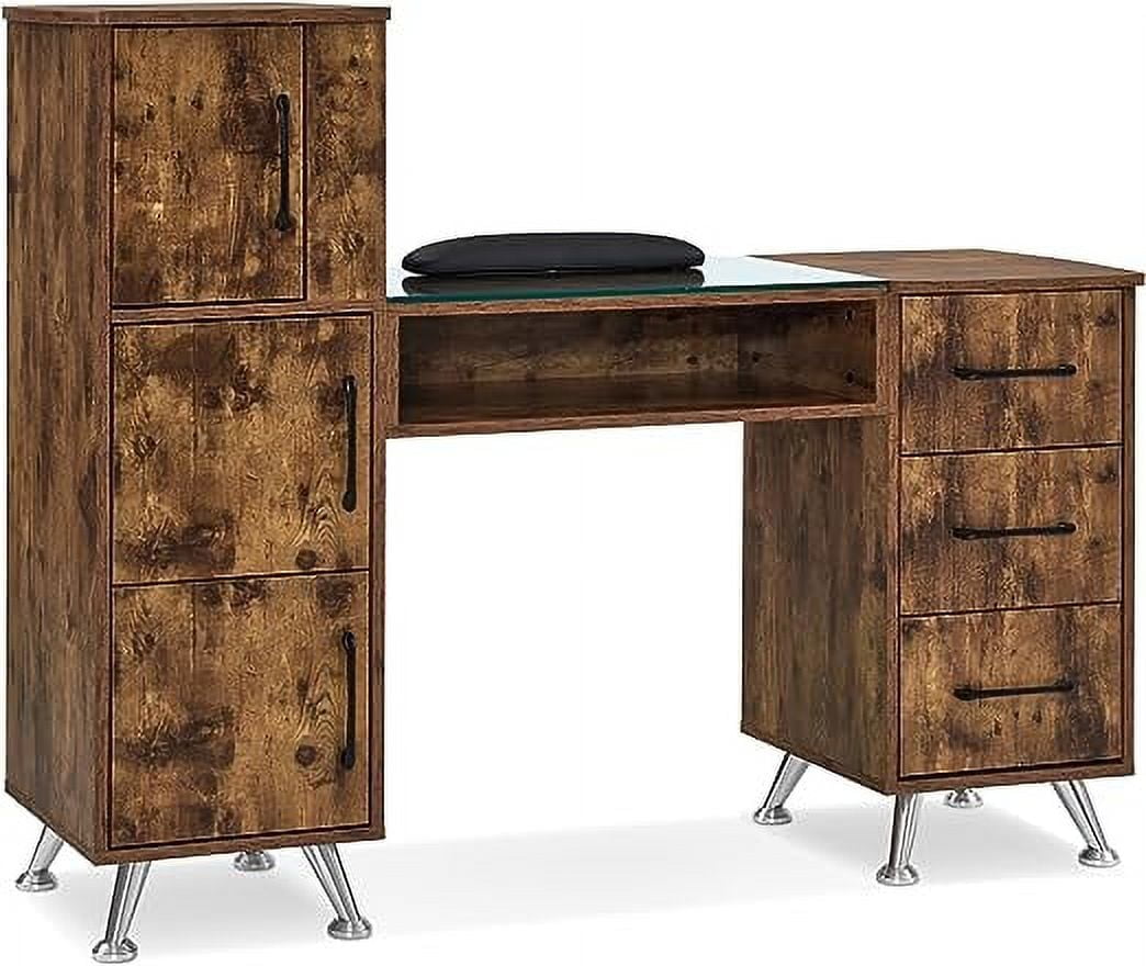 BarberPub Makeup Vanity Desk with Storage Drawer and Cabinet, Nail Desk with Glass Top