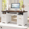 Bestier 59" Computer Home Office PC Desk with Keyboard Tray and Storage Drawers, Walnut and White