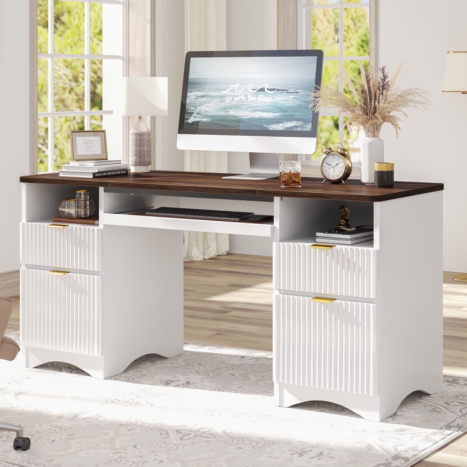 Bestier 59" Computer Home Office PC Desk with Keyboard Tray and Storage Drawers, Walnut and White