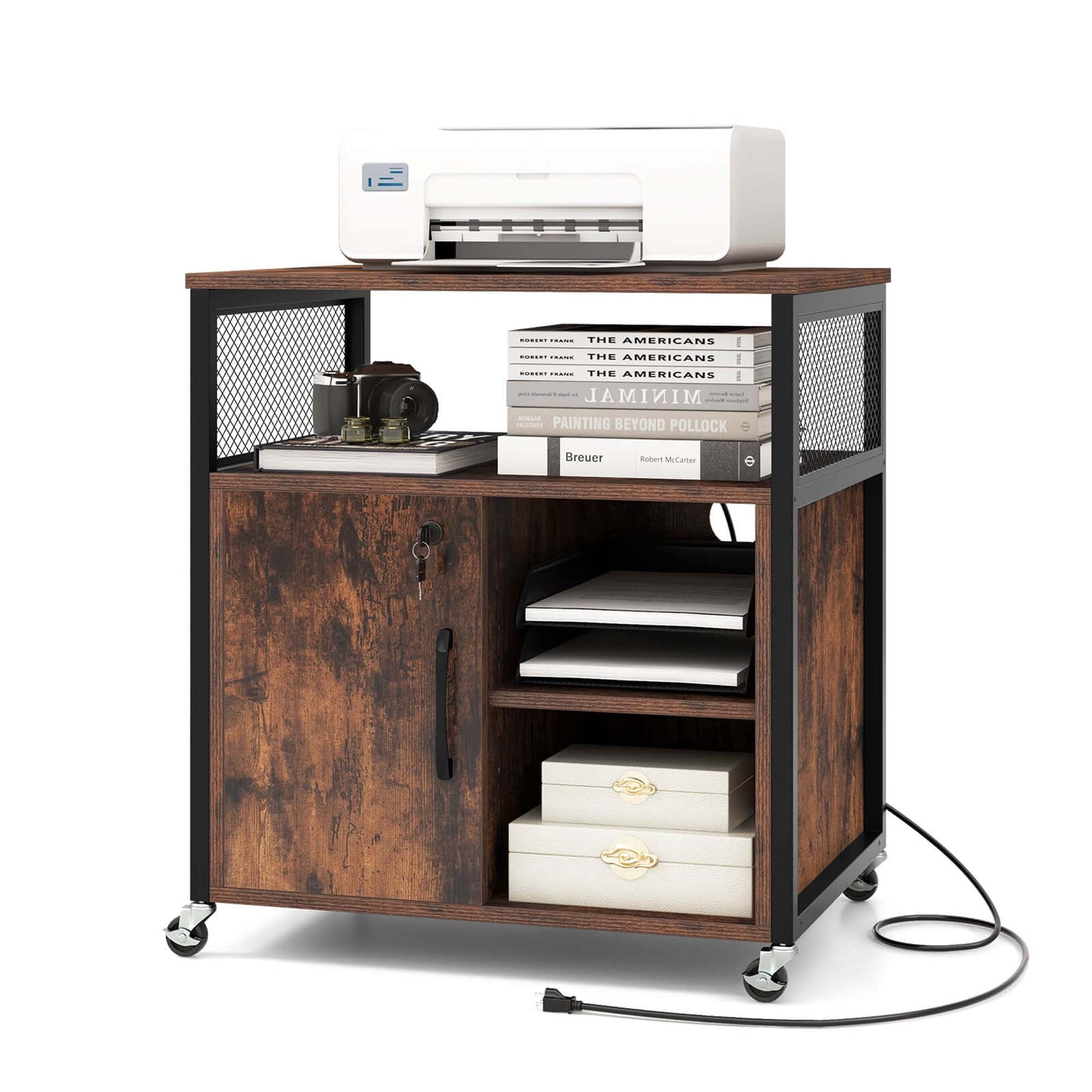 Costway File Cabinet on Wheels with Charging Station & Cable Management Hole Shelves Brown