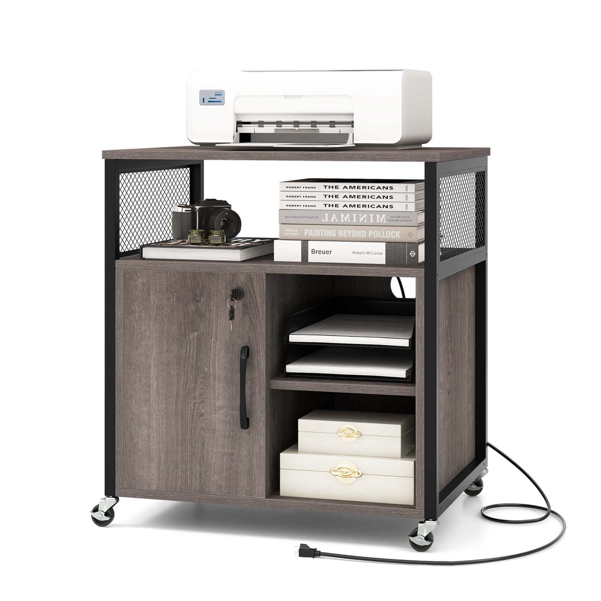 Costway File Cabinet on Wheels with Charging Station & Cable Management Hole Shelves Brown