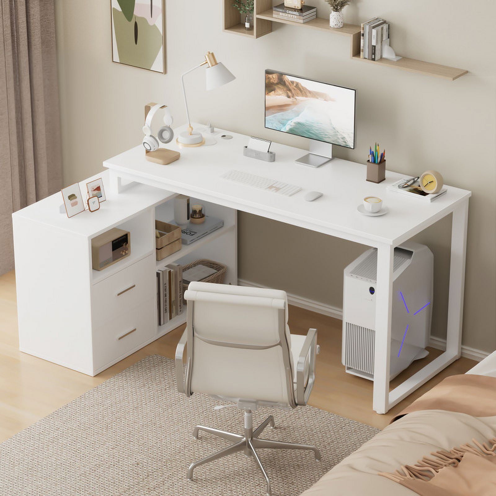 Furmax 55" L-Shaped Corner Computer Desk with File Cabinet, Power Outlet, Home Office Desk with 2 Drawers and 3 Storage Shelve, Workstation Executive Desk with Storage Shelf for Home Office, White