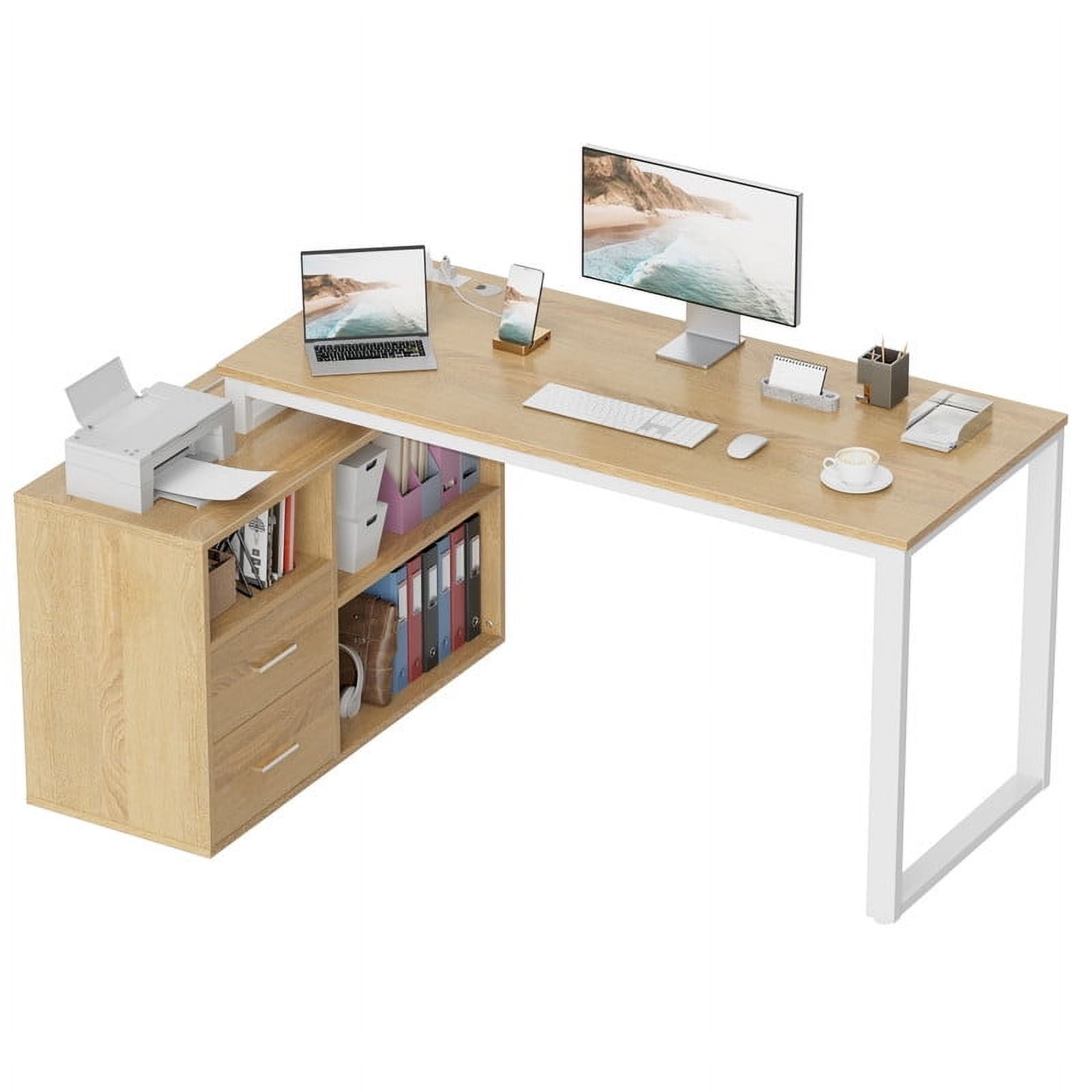 Furmax 55" L-Shaped Corner Computer Desk with File Cabinet, Power Outlet, Home Office Desk with 2 Drawers and 3 Storage Shelve, Workstation Executive Desk with Storage Shelf for Home Office, White