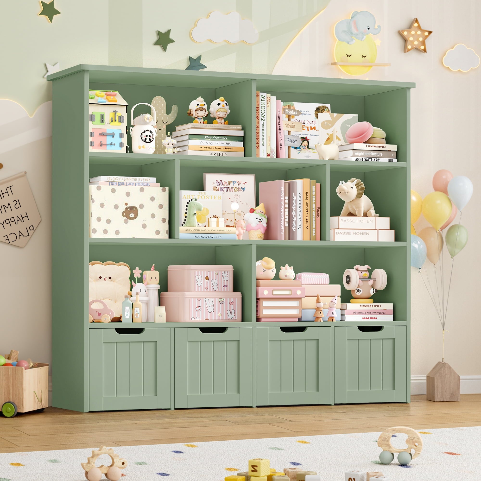 Homfa 7 Cube Toy Storage Organizer, Kids Geometric Bookcase and Bookshelf with 4 Drawers, White