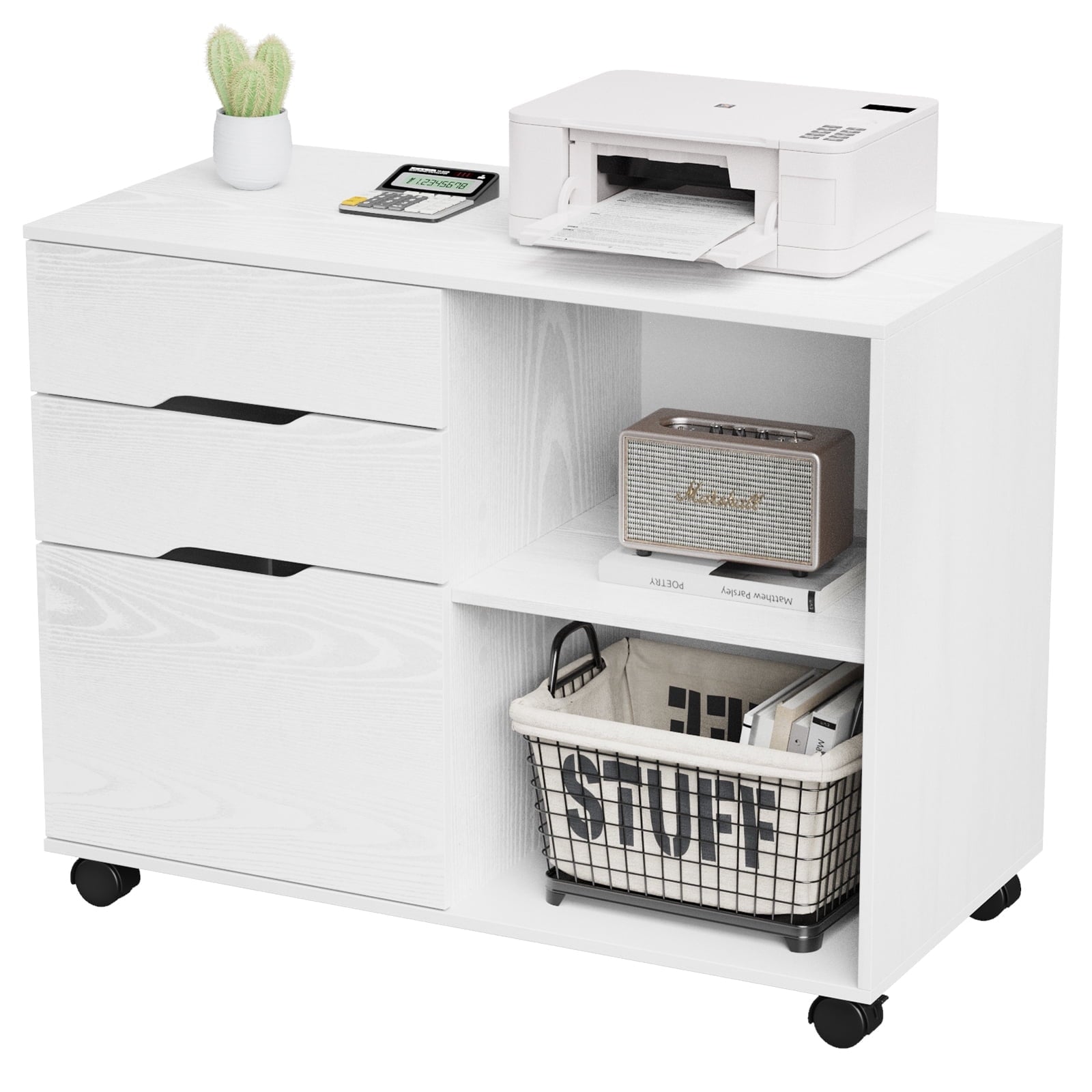 JOINSUN 3-Drawer Mobile File Cabinet, Under Desk Wood Storage Organizer with Wheels for Home Office & Printer Stand, White