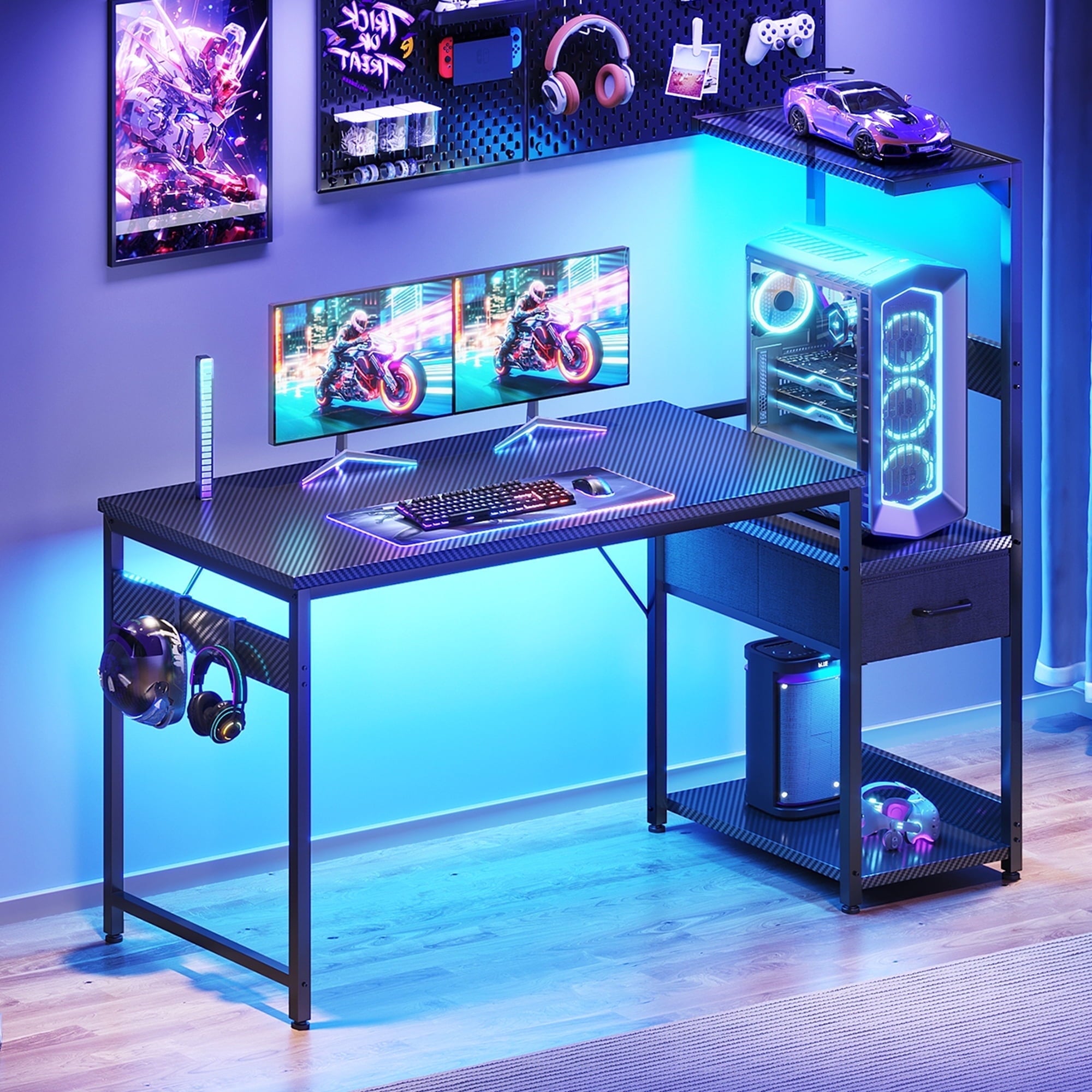 48 inch Gaming Desk with Storage & LED Lights, Reversible Computer Desk with Display Shelves & Fabric Drawer, Modern Gamer Desk Table with Side Headphone Hook, Carbon Fiber Black