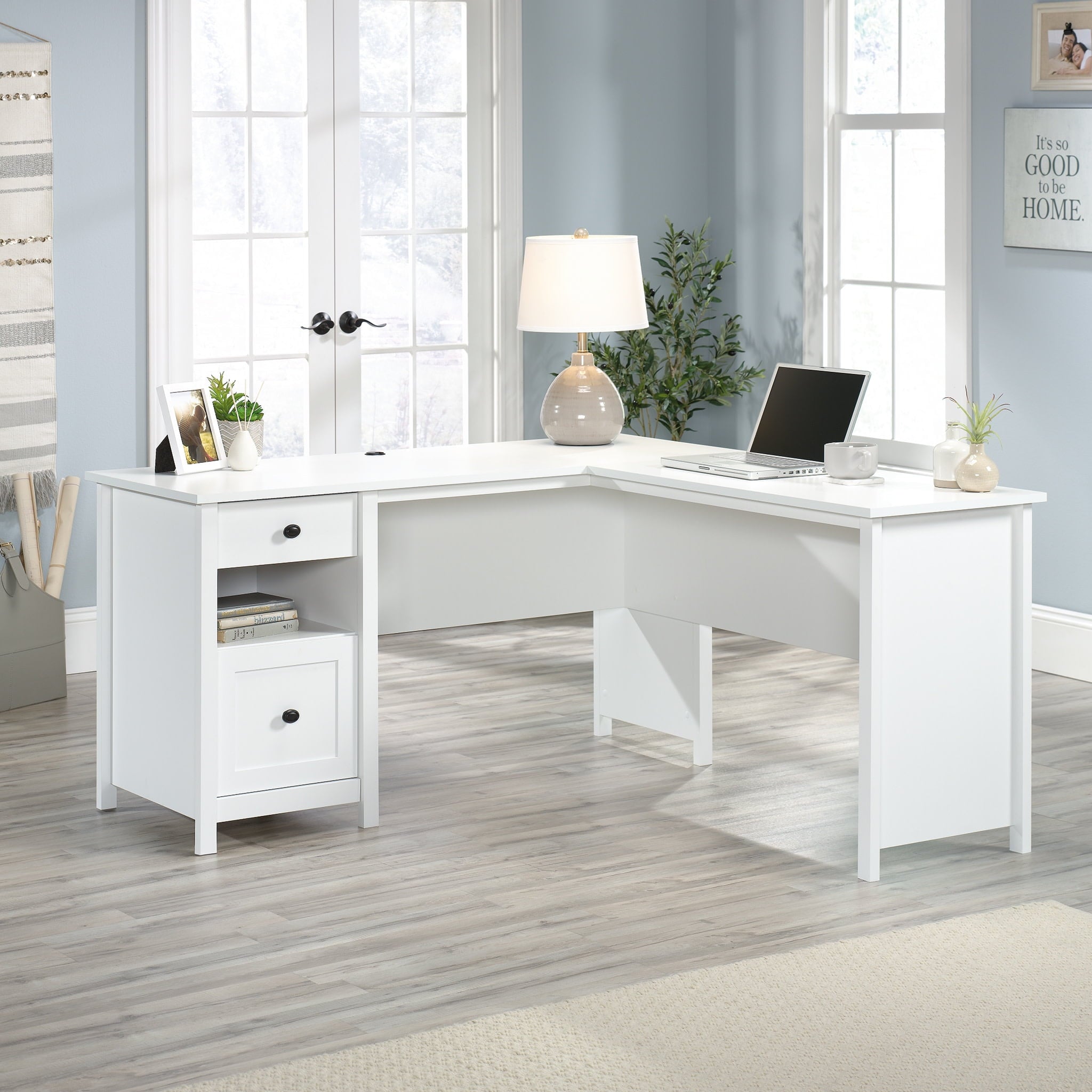 Sauder County Line L-Shaped Desk with File Drawer, Soft White Finish