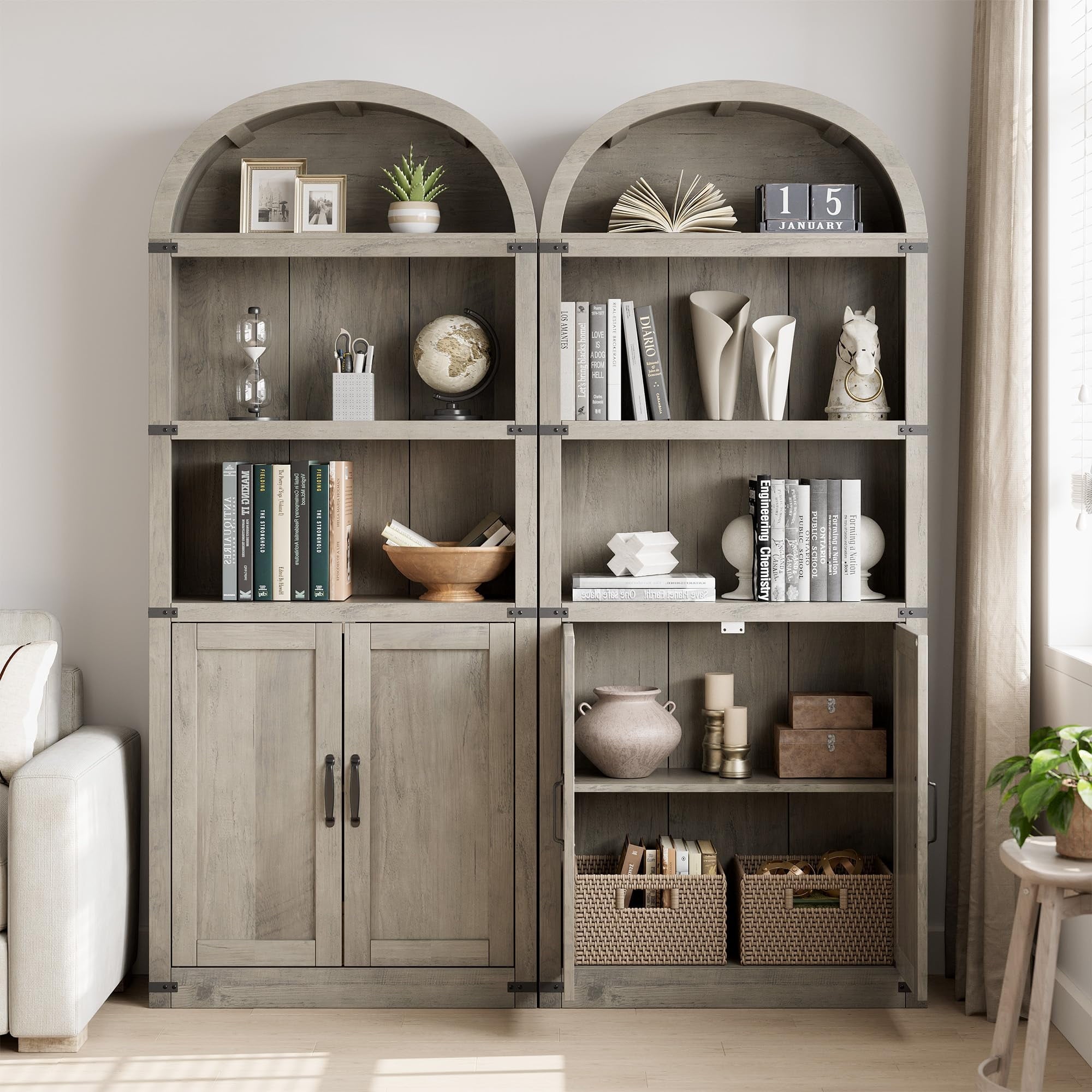 TROPOW Bookcase with Doors Arched Bookshelf 71.65in Tall Bookcase Farmhouse Cabinet with Shelves Wooden Bookshelves for Home Office, Living Room,Gray