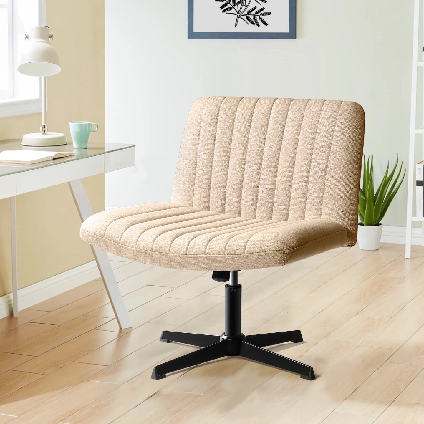 Waleaf Armless Office Desk Chair No Wheels,Fabric Padded Criss Cross Legged Office Chair,Swivel Vanity Chair