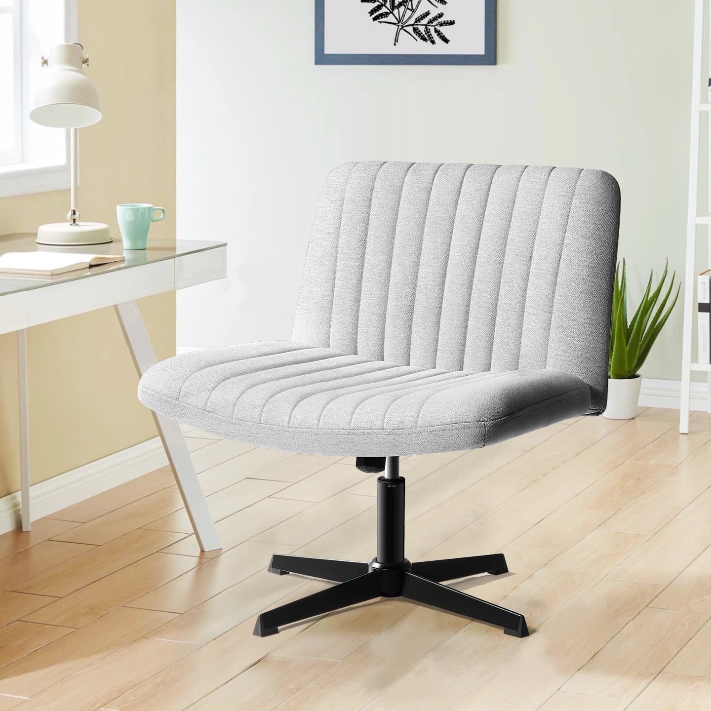 Waleaf Armless Office Desk Chair No Wheels,Fabric Padded Criss Cross Legged Office Chair,Swivel Vanity Chair