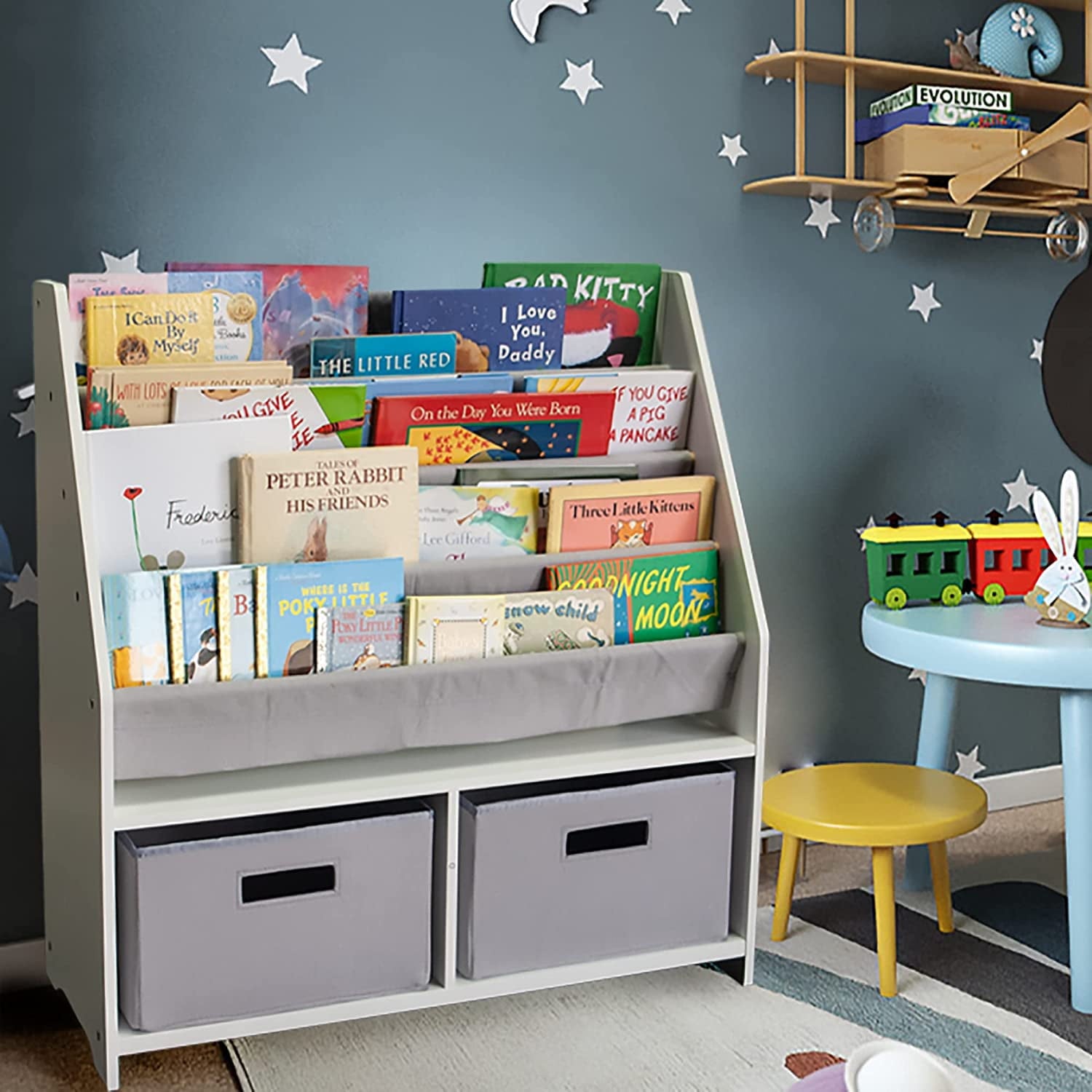 WonkaWoo Kids Sling Wooden Bookshelf for Toddlers and Small Children