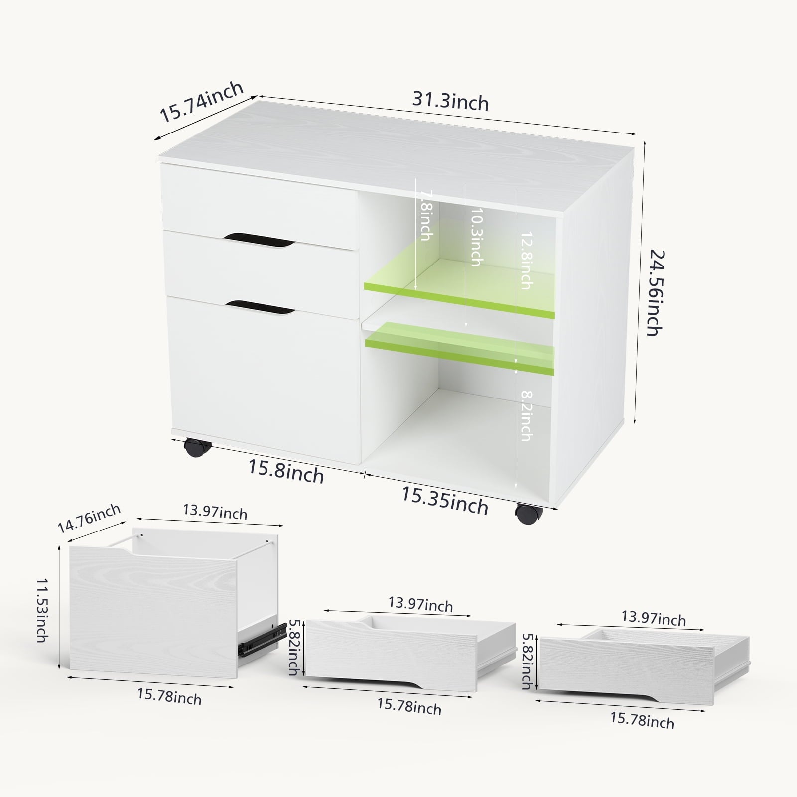 JOINSUN 3-Drawer Mobile File Cabinet, Under Desk Wood Storage Organizer with Wheels for Home Office & Printer Stand, White