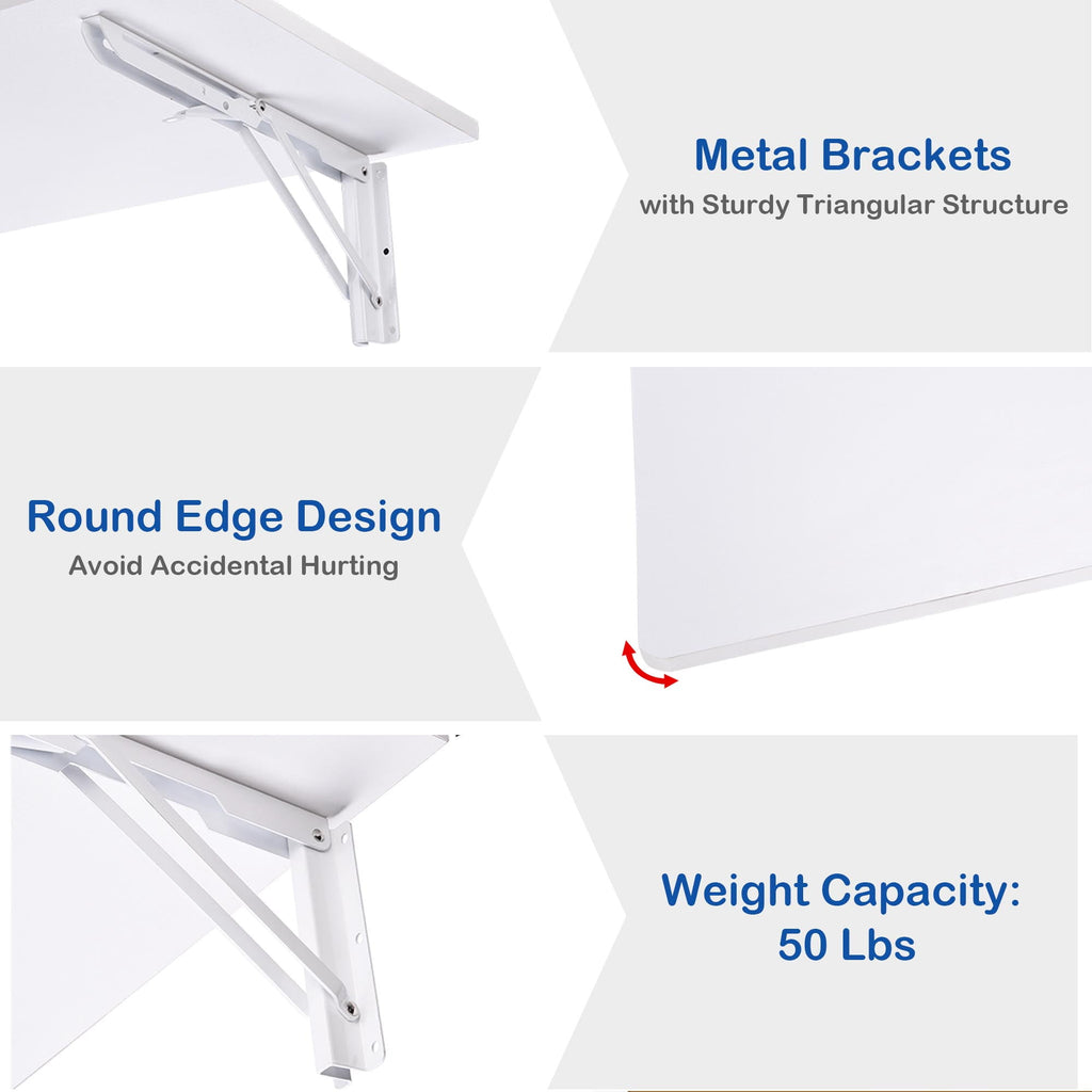 Yescom Wall Mounted Floating Folding Desk Wooden PC Dining Drop Leaf Table 24"x16" 50lbs Weight Capicity for Study White
