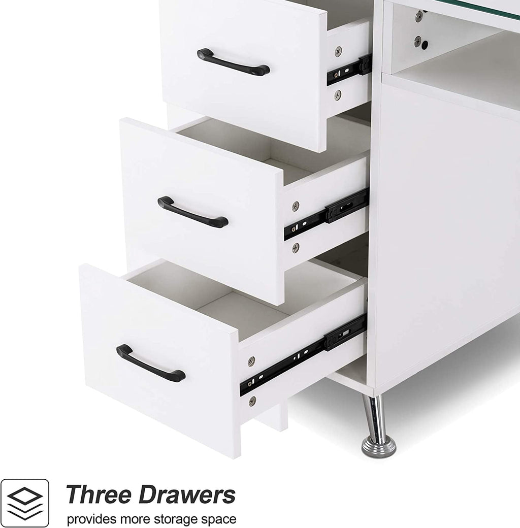 BarberPub Makeup Vanity Desk with Storage Drawer and Cabinet, Nail Desk with Glass Top