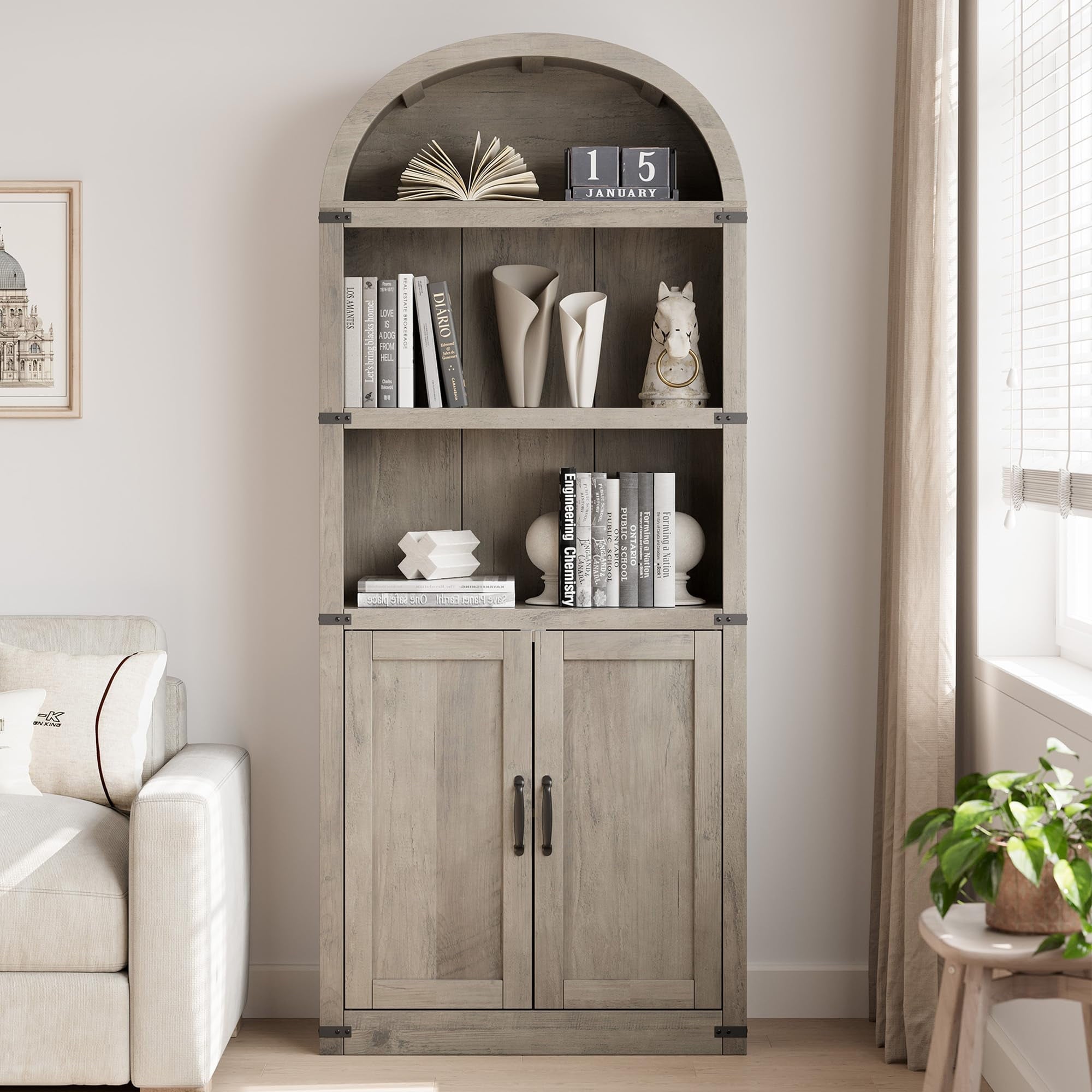 TROPOW Bookcase with Doors Arched Bookshelf 71.65in Tall Bookcase Farmhouse Cabinet with Shelves Wooden Bookshelves for Home Office, Living Room,Gray
