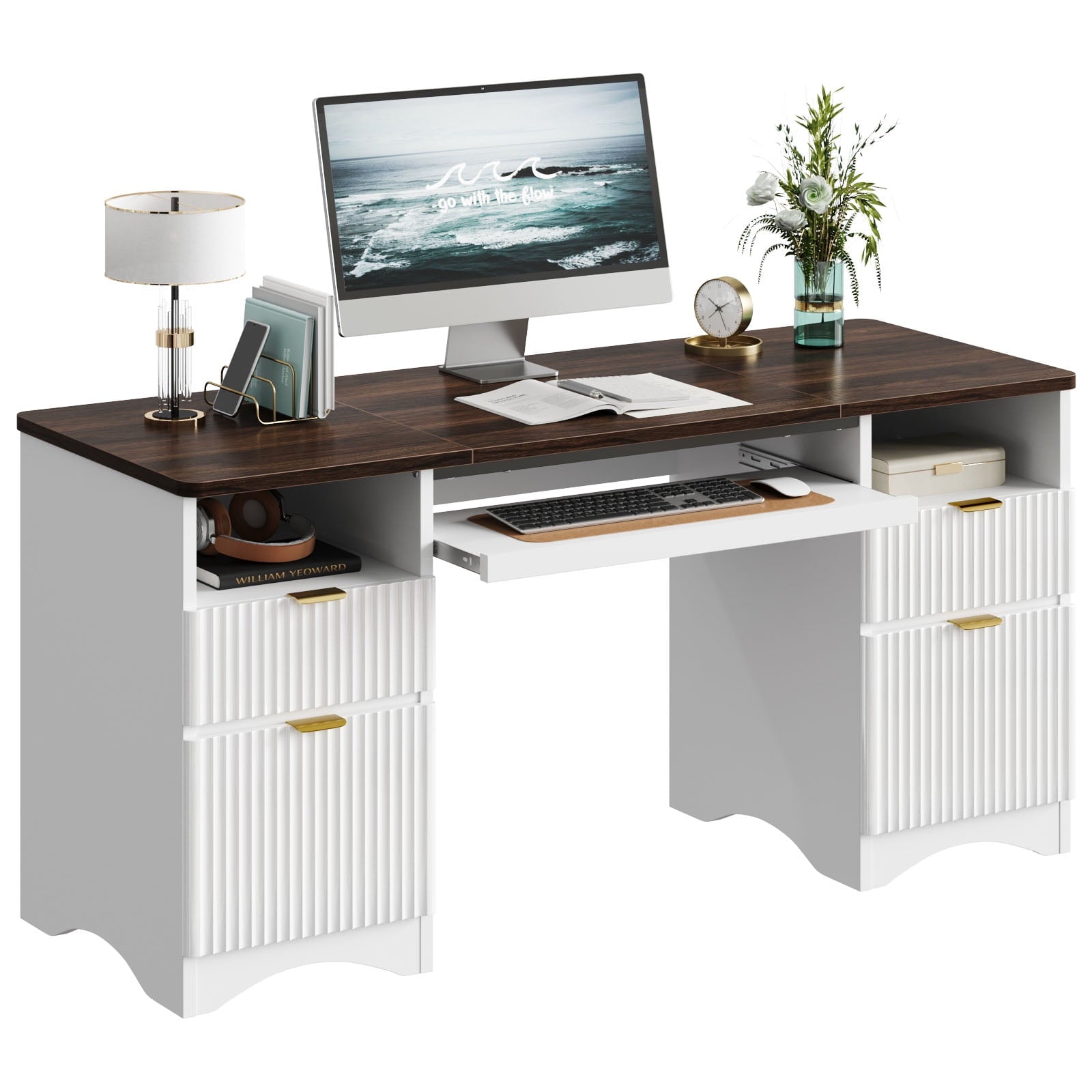 Bestier 59" Computer Home Office PC Desk with Keyboard Tray and Storage Drawers, Walnut and White