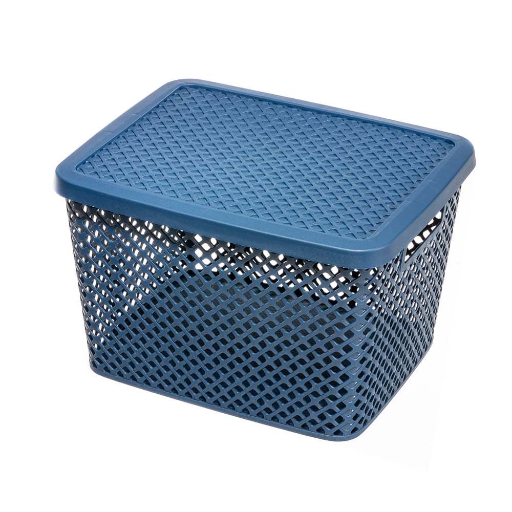 Mainstays Extra Large Decorative Plastic Storage Basket W/Lid, Blue Cove