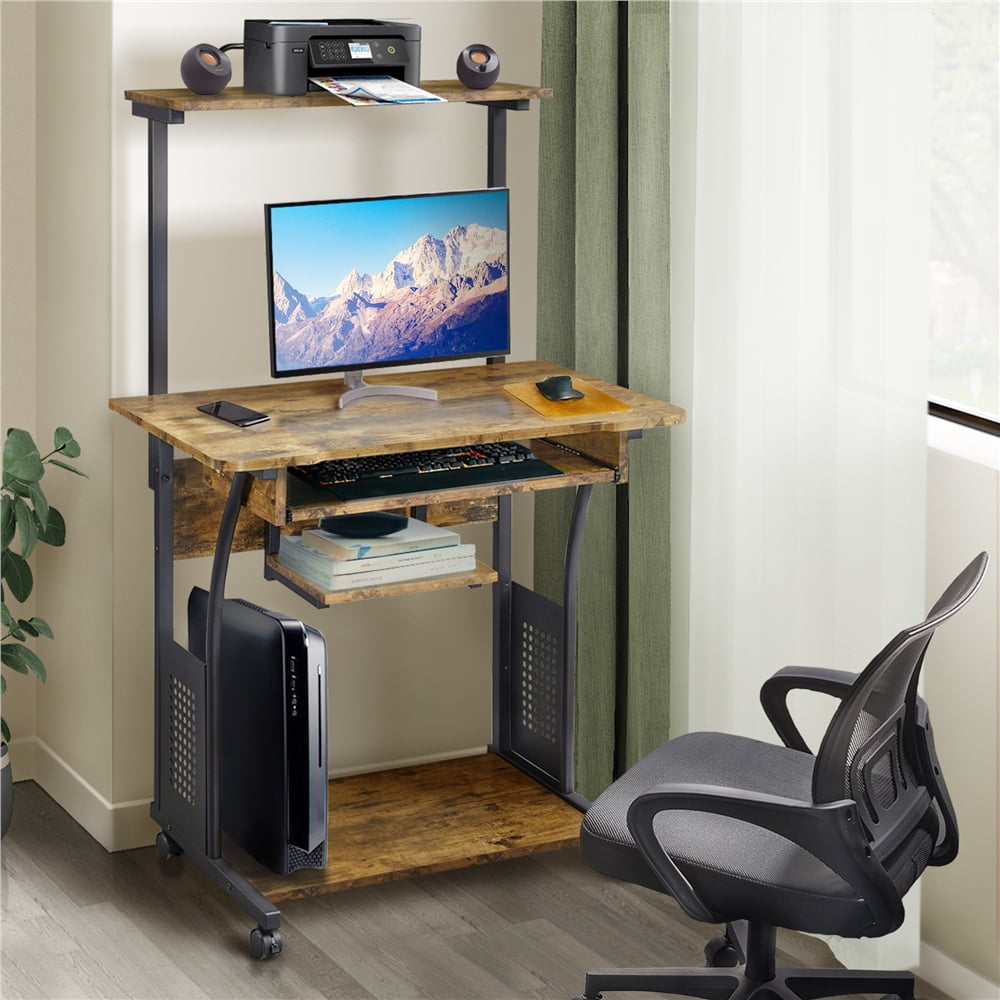 Topeakmart 2 Tiers Rolling Computer Desk with Printer Shelf and Keyboard Tray for Home Office, Rustic Brown