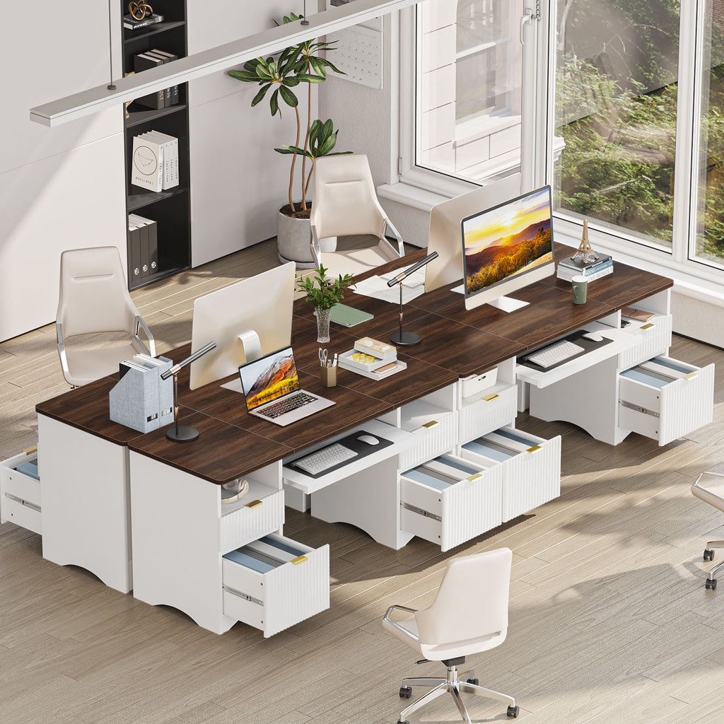 Bestier 59" Computer Home Office PC Desk with Keyboard Tray and Storage Drawers, Walnut and White