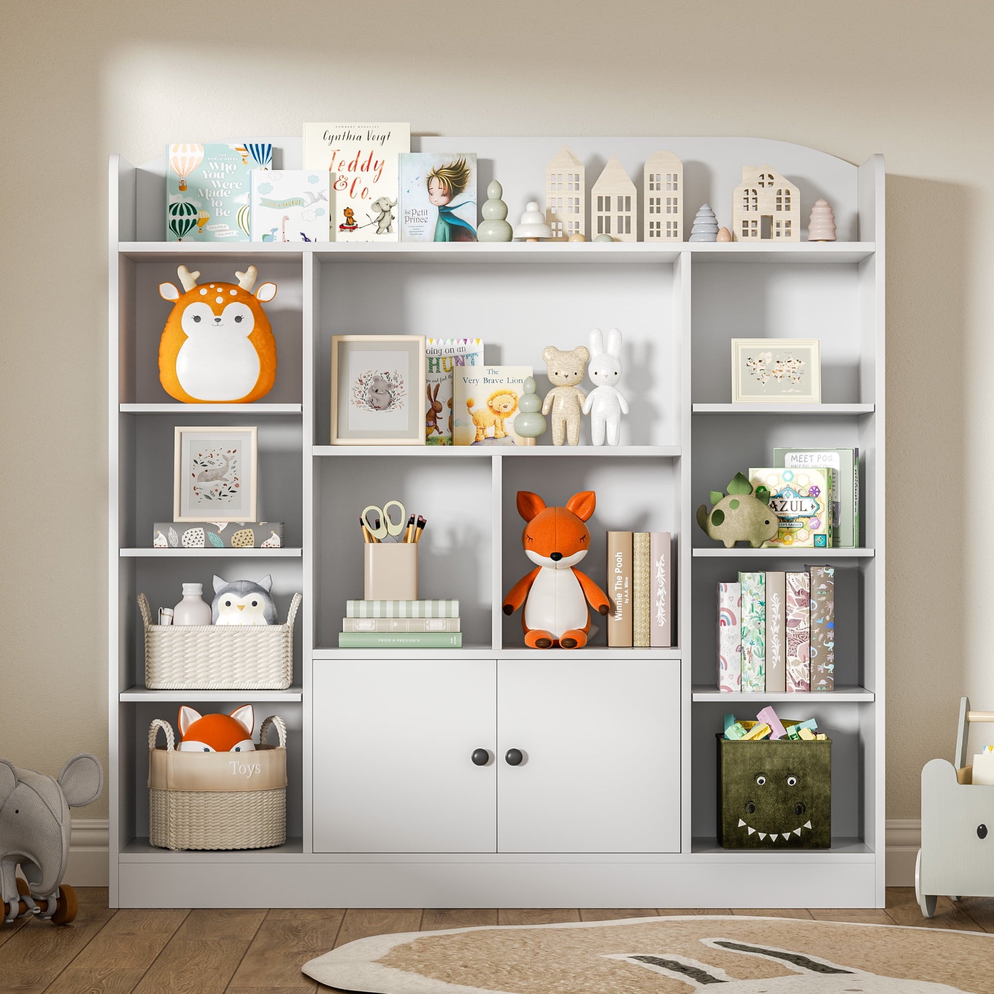 DIYART White Kids Bookshelf, Kids Bookcase with 11 Cubbies and 2 Cabinets, Freestanding Book Storage Shelves for Bedroom, Playroom, Hallway