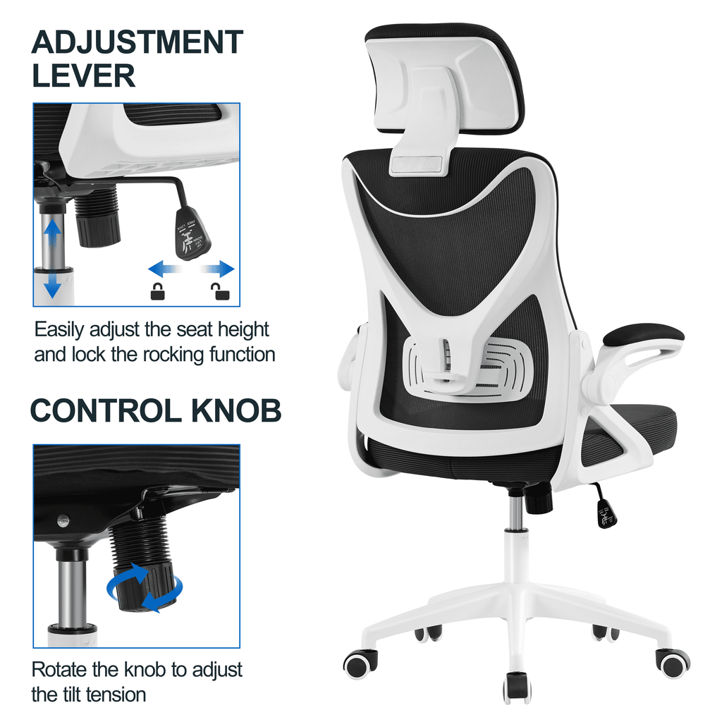 Alden Design High Back Ergonomic Mesh Office Chair with Adjustable Padded Headrest, White/Black