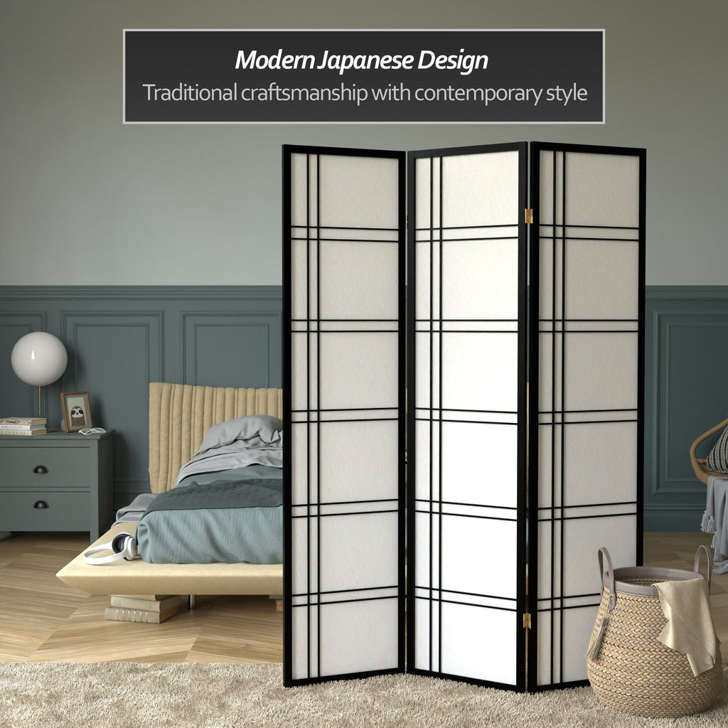 Red Lantern 6 ft. Tall Double Cross Shoji Screen - Black - 3 Panels
