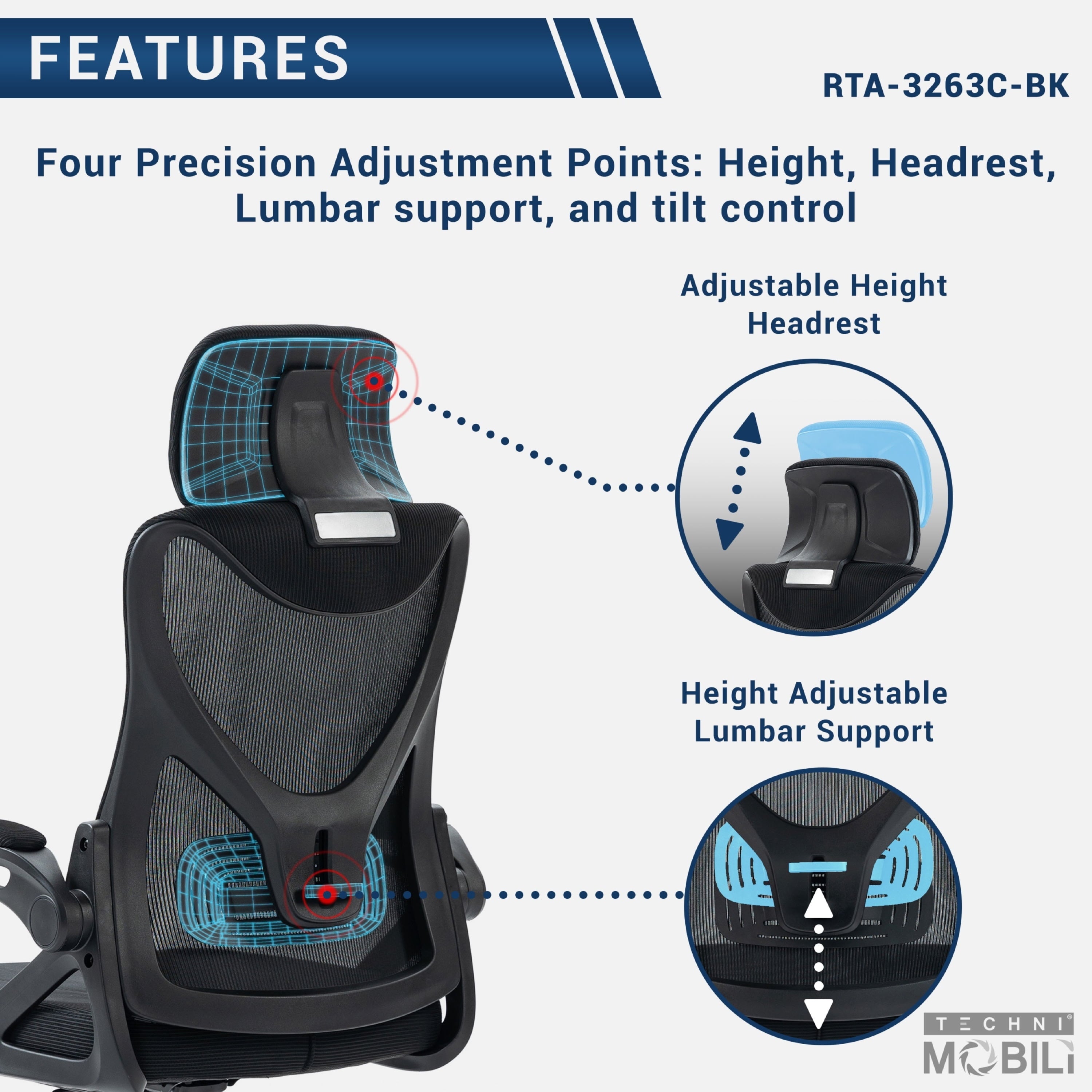 Techni Mobili Essential Ergonomic Office Chair with Lumbar Support & Adjustable Headrest, Black RTA-3263C-BK