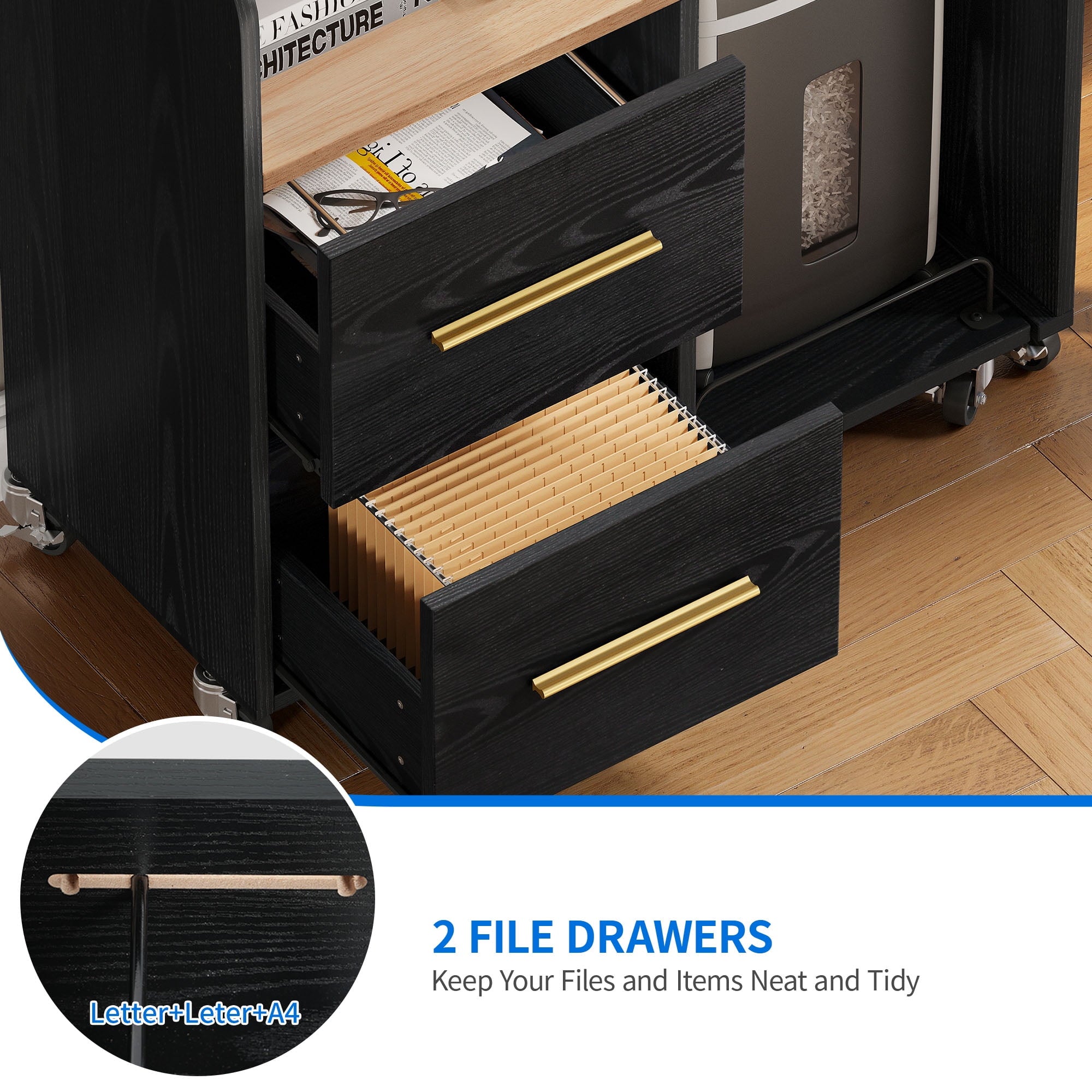 DWVO File Cabinet with Charging Station and Paper Shredder Stand, Printer Table Cabinet Rolling File Cabinet with 2 Drawers and Open Storage Shelves for Home Office,Black