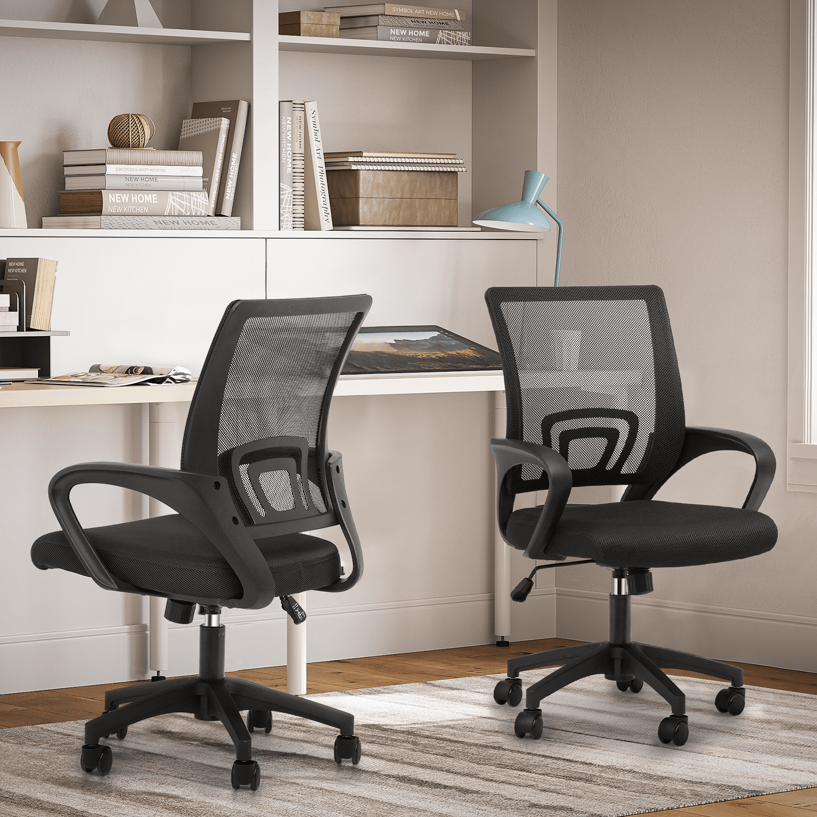 Magshion Set of 2 Office Chairs Mid Back Swivel Desk Chairs, Height Adjustable Ergonomic Mesh Computer Chairs with Armrest & Lumbar Support, Black