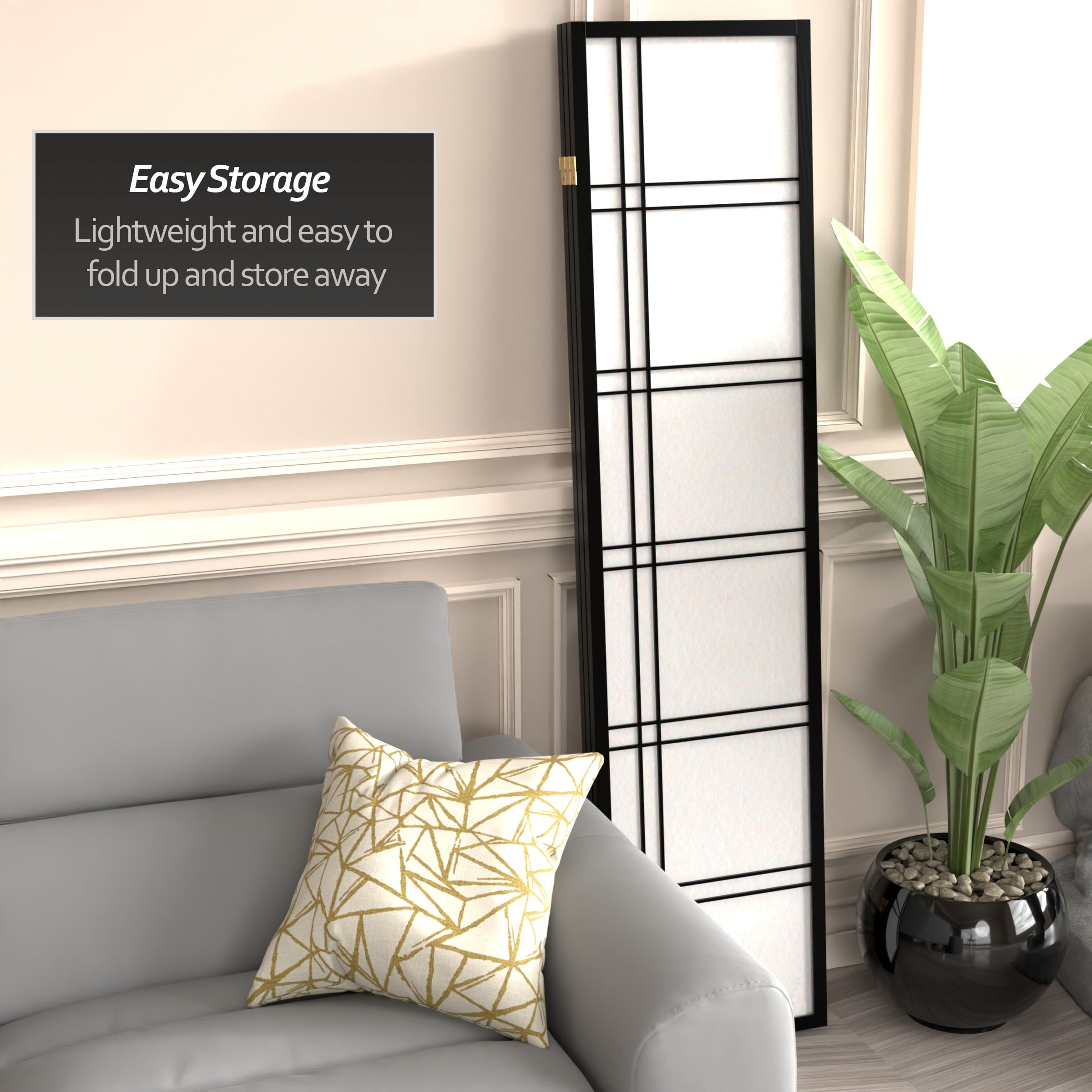 Red Lantern 6 ft. Tall Double Cross Shoji Screen - Black - 3 Panels