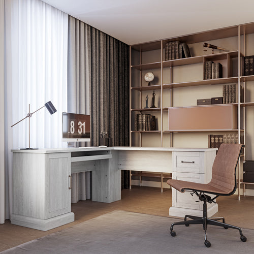 BELLEZE Modern Corner L-Shaped Home Office Computer Laptop Desk or Writing Study Workstation with Keyboard Tray, Two Drawers and Cabinet - Barlow (Stone Gray)