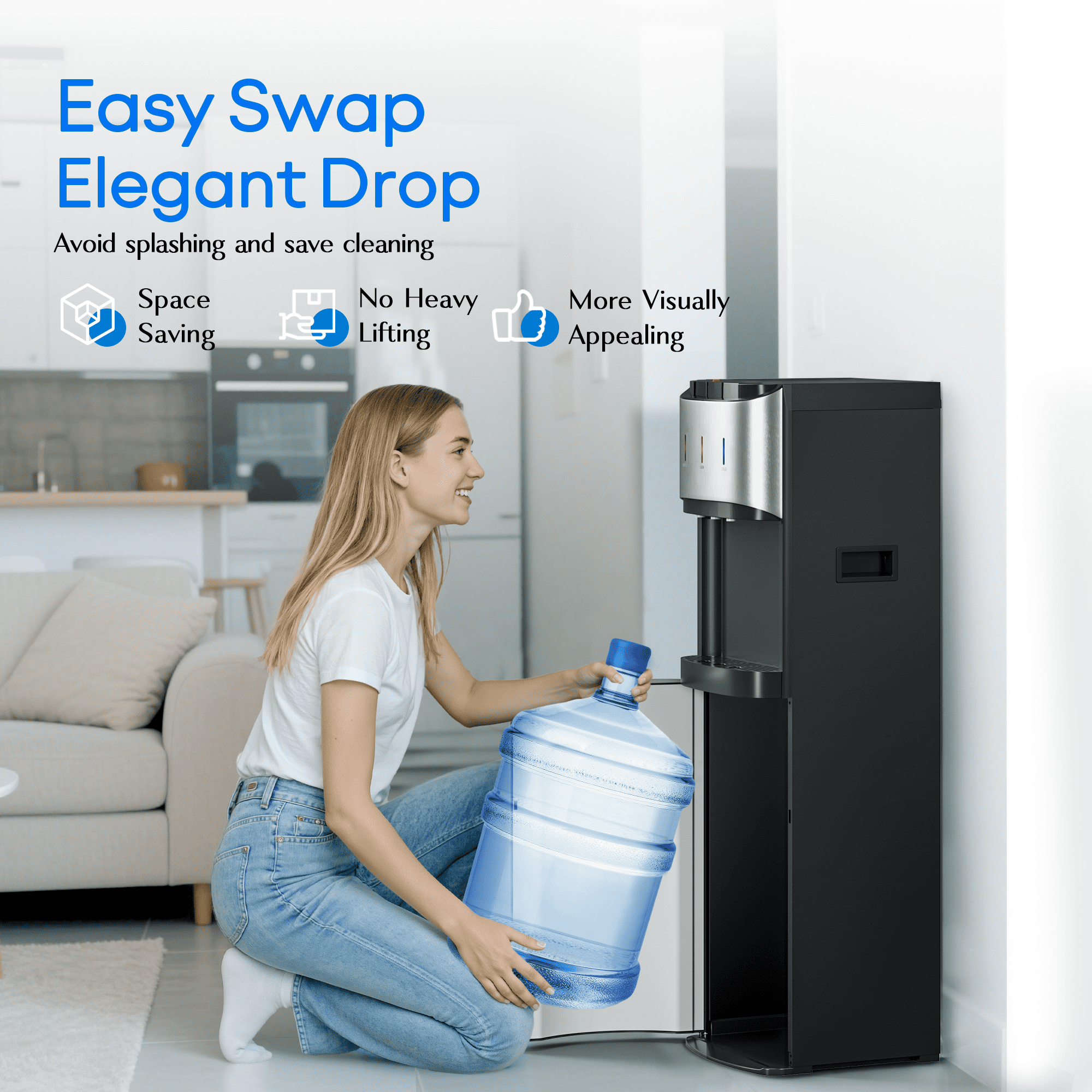 UrbanSync Bottom Loadingd Water Dispenser for 5 Gallon Bottle, 3 Temperatures (Hot, Cold and Room) with Safety Lock, LED Lighting, Water Shortage Alert, Silver-Gray