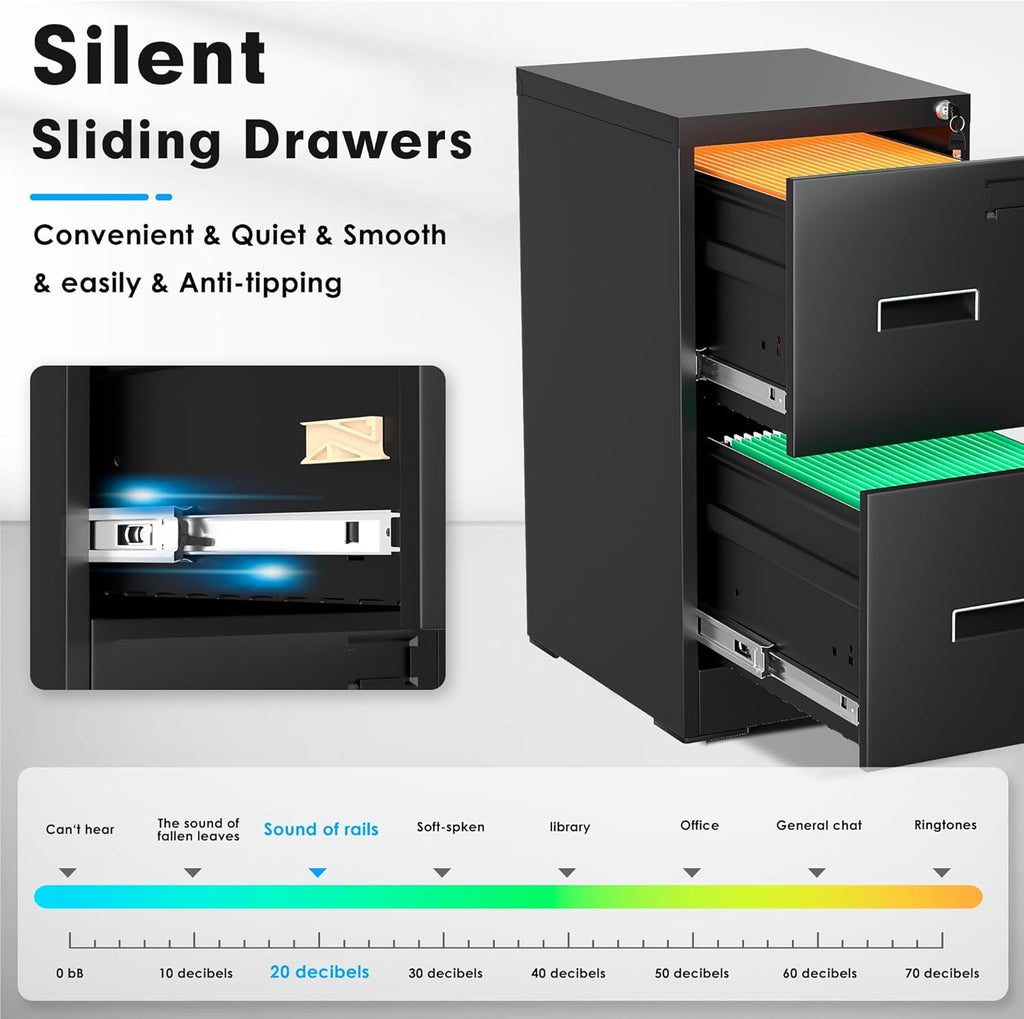 SOLAURA  18" Deep 2 Drawer Letter Width Vertical File Cabinet, Black