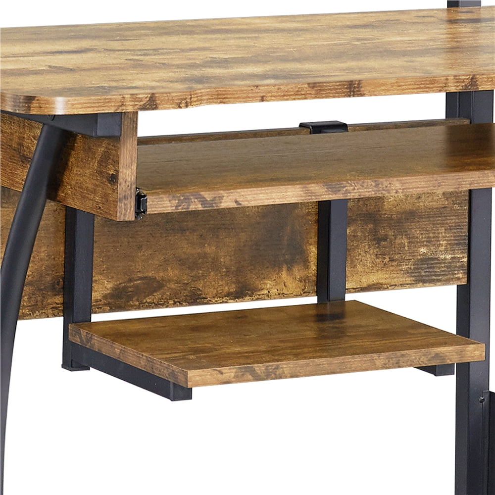 Topeakmart 2 Tiers Rolling Computer Desk with Printer Shelf and Keyboard Tray for Home Office, Rustic Brown