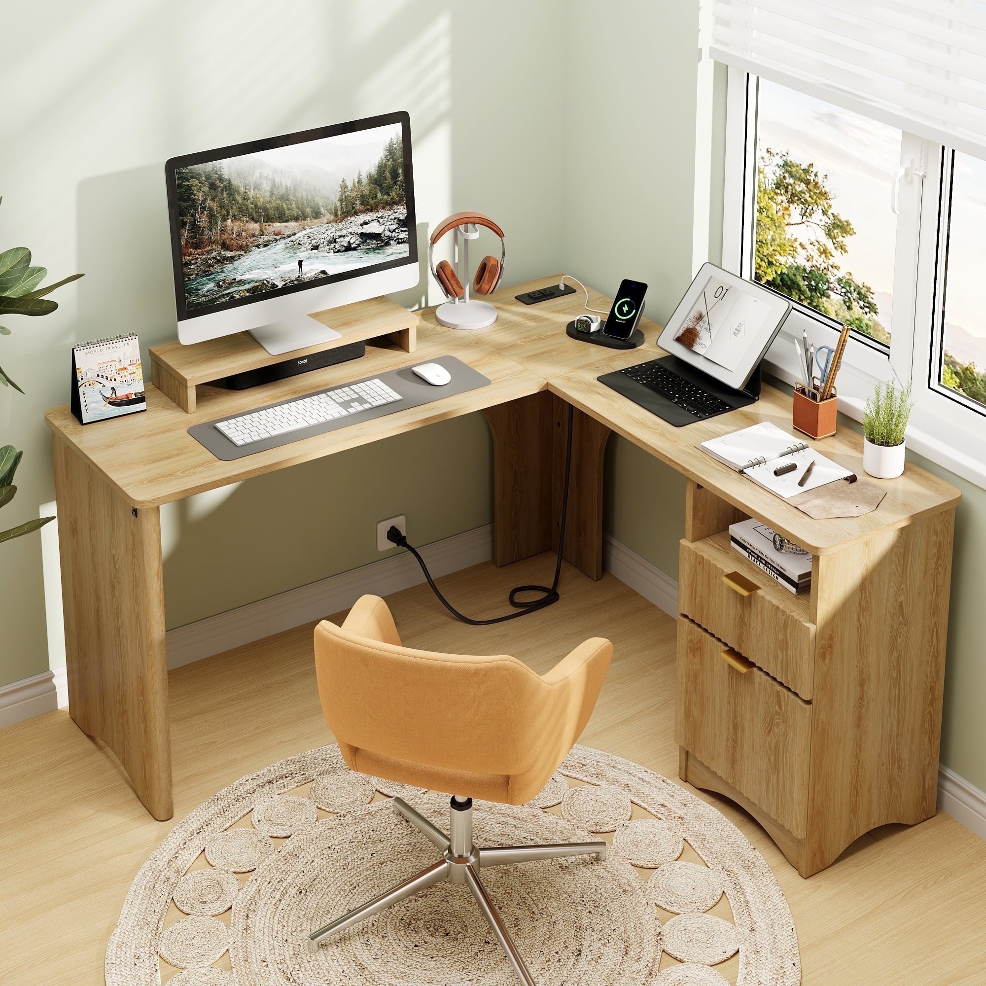 Bestier 55" L-shaped Computer PC Desk Lift Top with Power Outlets Storage Drawers and Monitor Stand, Log