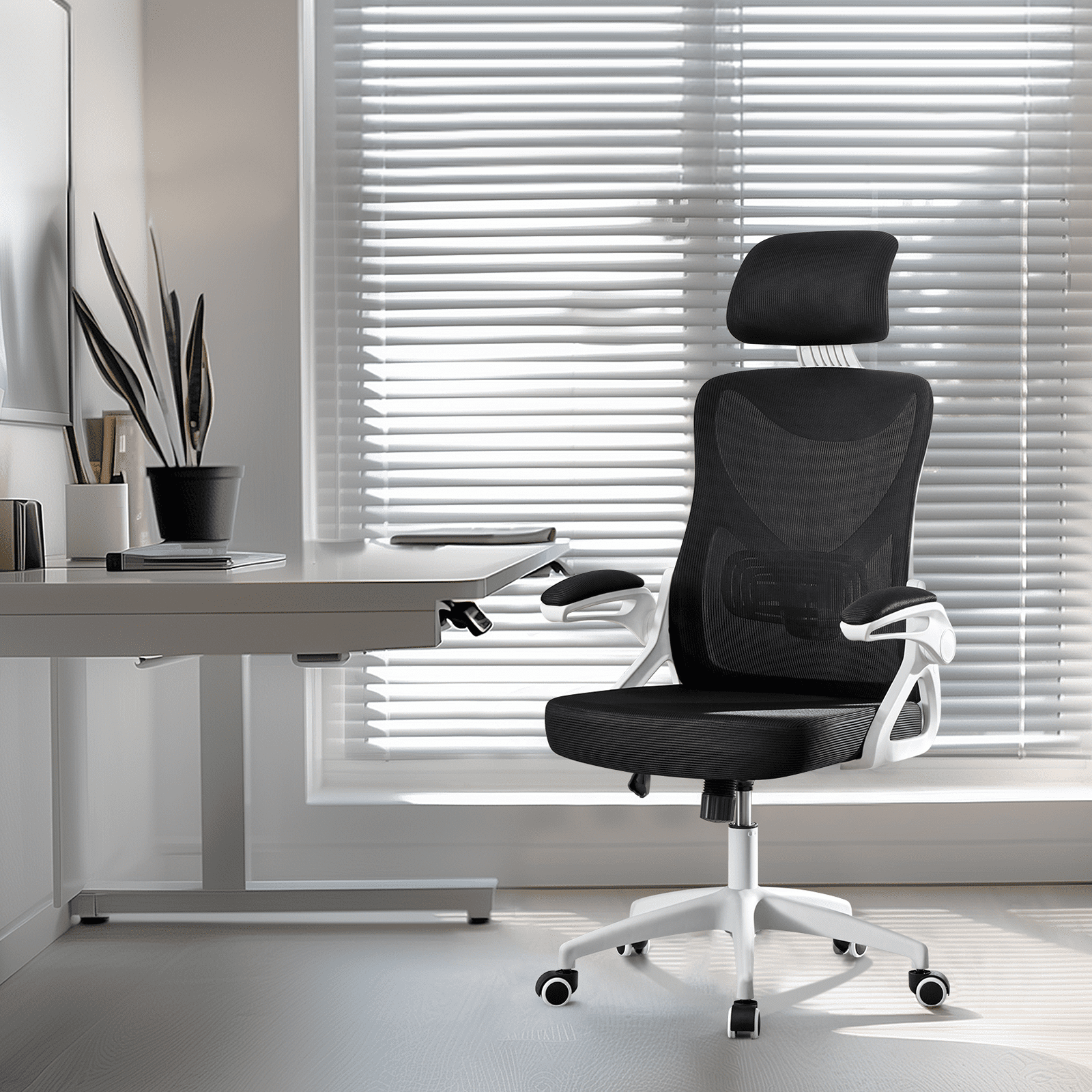 Alden Design High Back Ergonomic Mesh Office Chair with Adjustable Padded Headrest, White/Black
