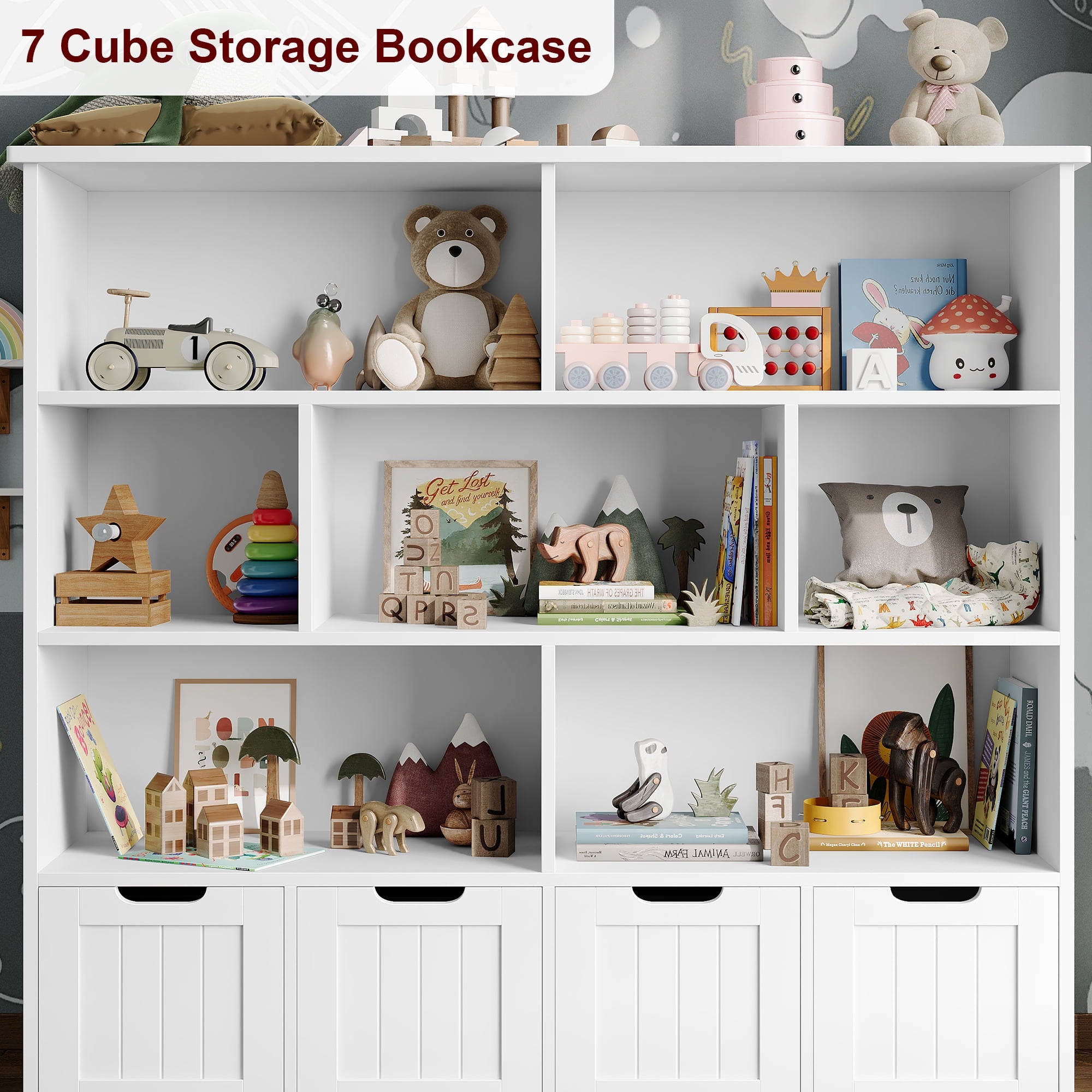 Homfa 7 Cube Toy Storage Organizer, Kids Geometric Bookcase and Bookshelf with 4 Drawers, White