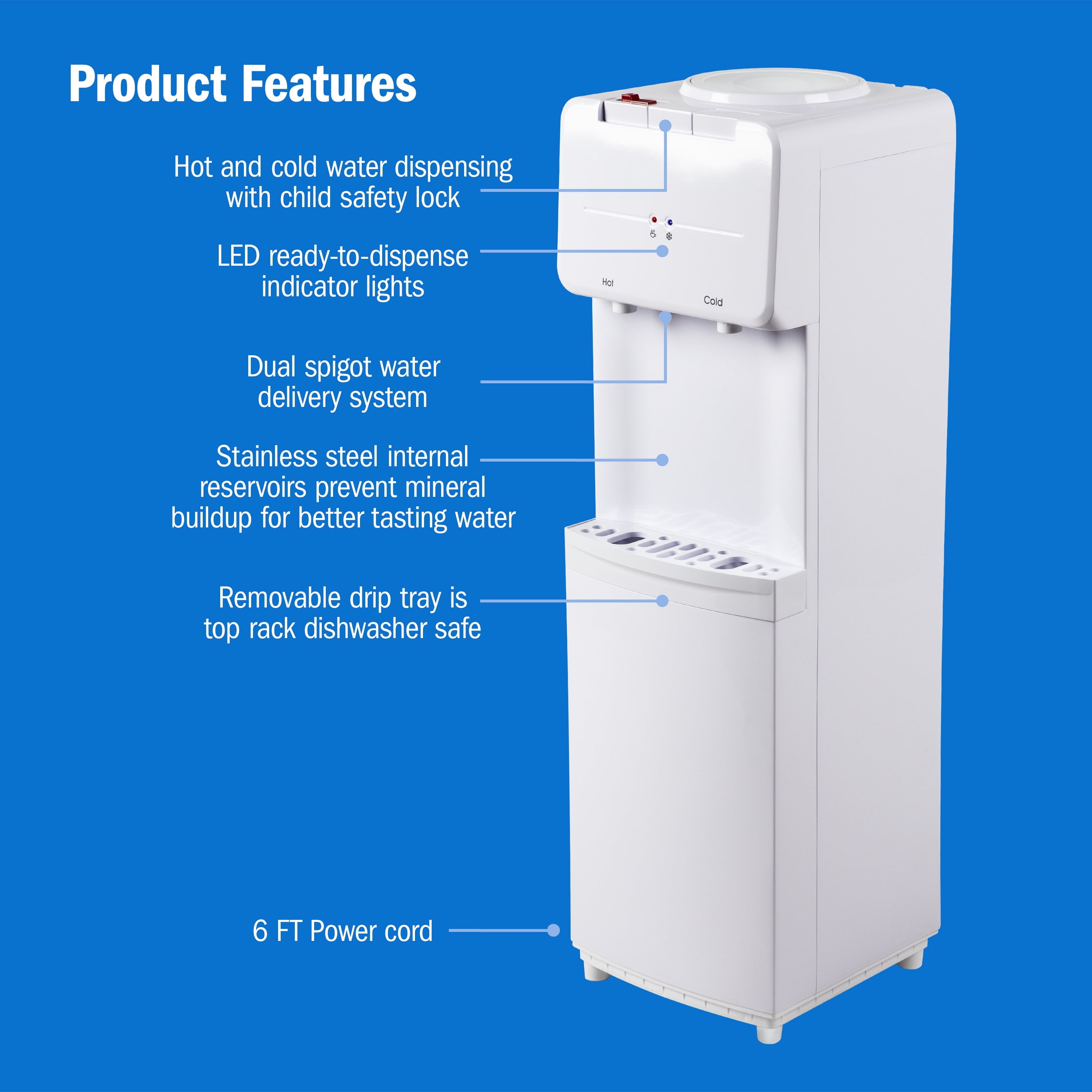 Great Value Top Loading Hot/Cold Temperature Water Dispenser, White Water Cooler