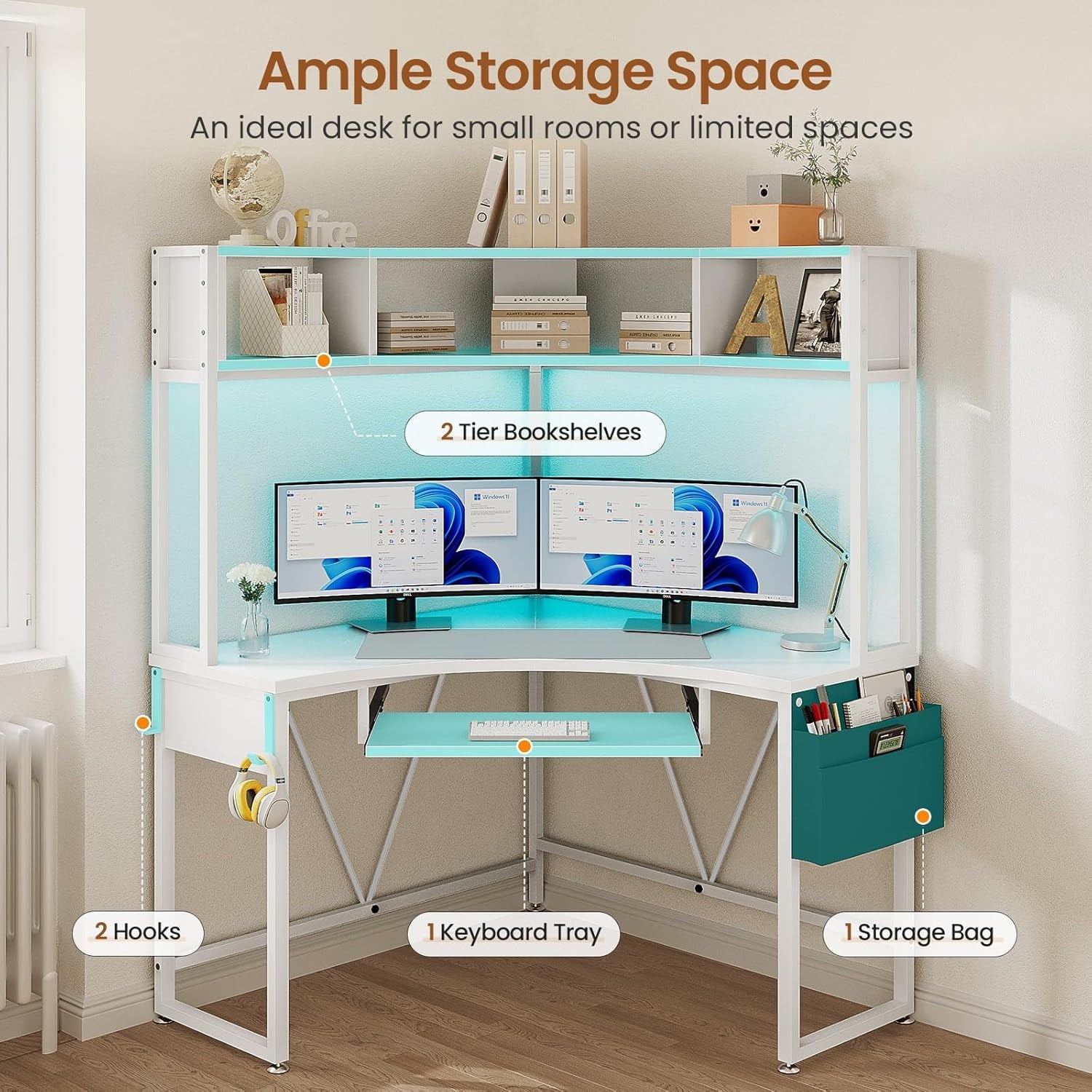 L Shaped Desk with Hutch & Keyboard Tray, Corner Computer Desk with Storage Bag for Home Office, Writing Study Desk