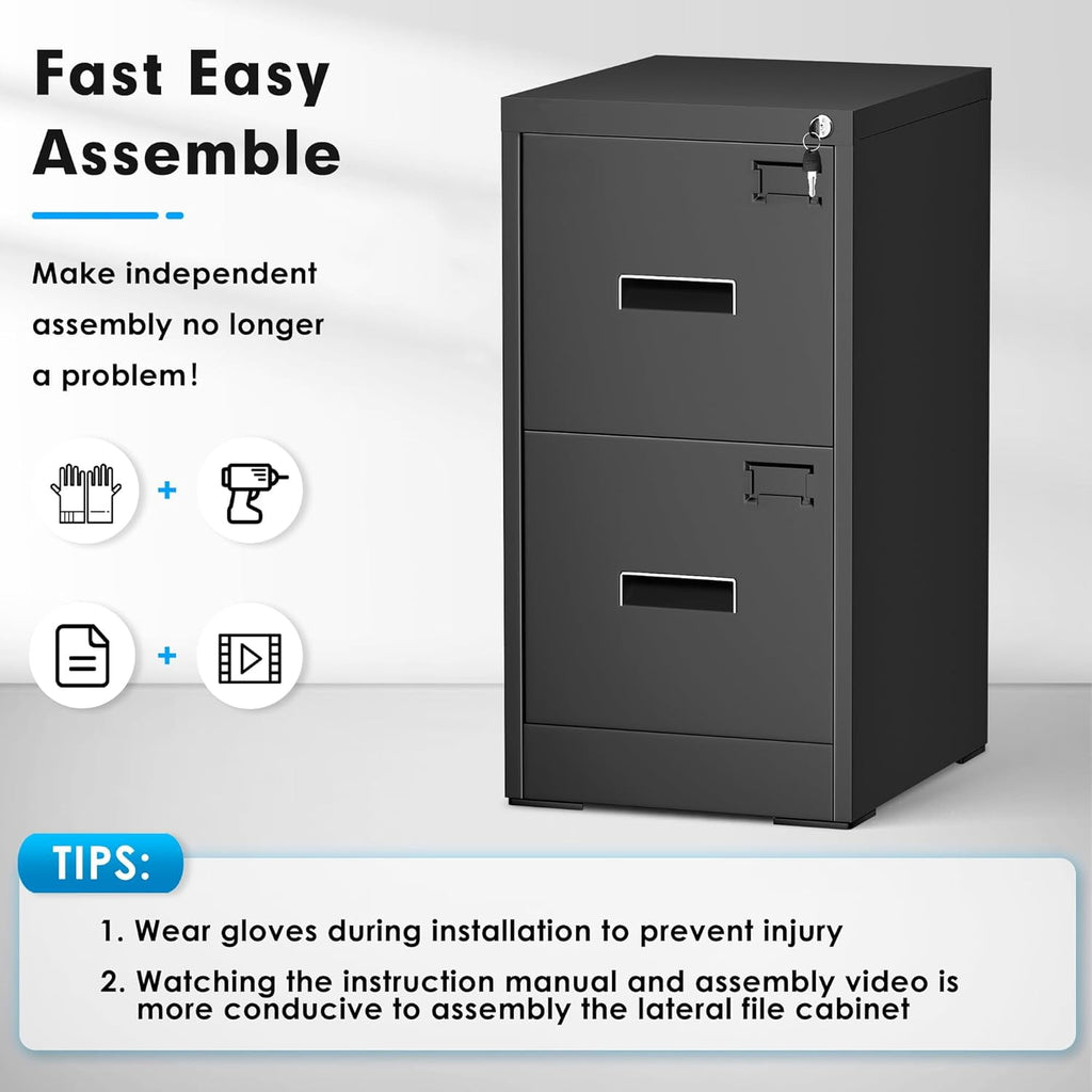 SOLAURA  18" Deep 2 Drawer Letter Width Vertical File Cabinet, Black