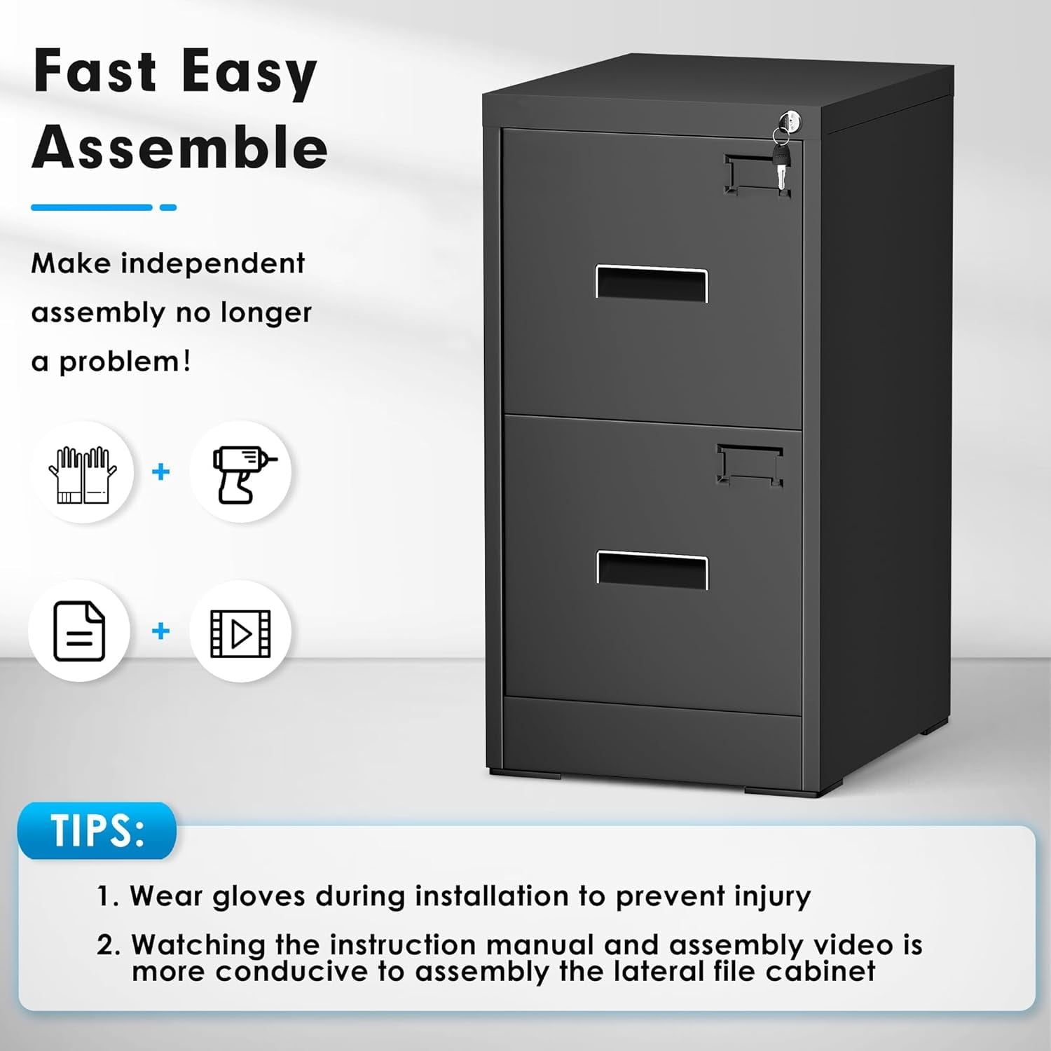 SOLAURA  18" Deep 2 Drawer Letter Width Vertical File Cabinet, Black