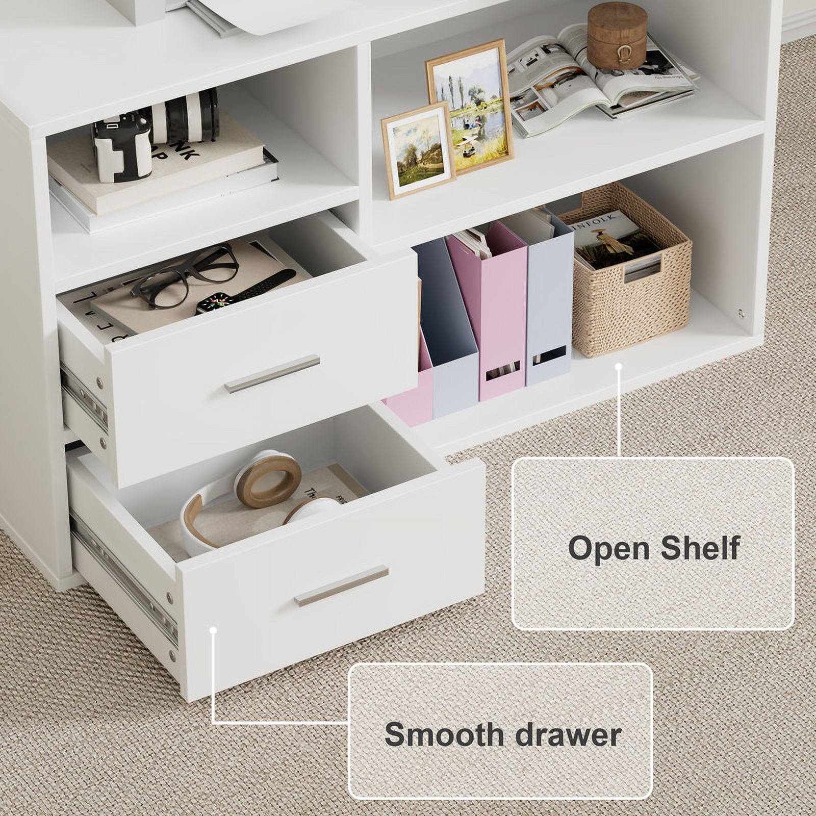 Furmax 55" L-Shaped Corner Computer Desk with File Cabinet, Power Outlet, Home Office Desk with 2 Drawers and 3 Storage Shelve, Workstation Executive Desk with Storage Shelf for Home Office, White