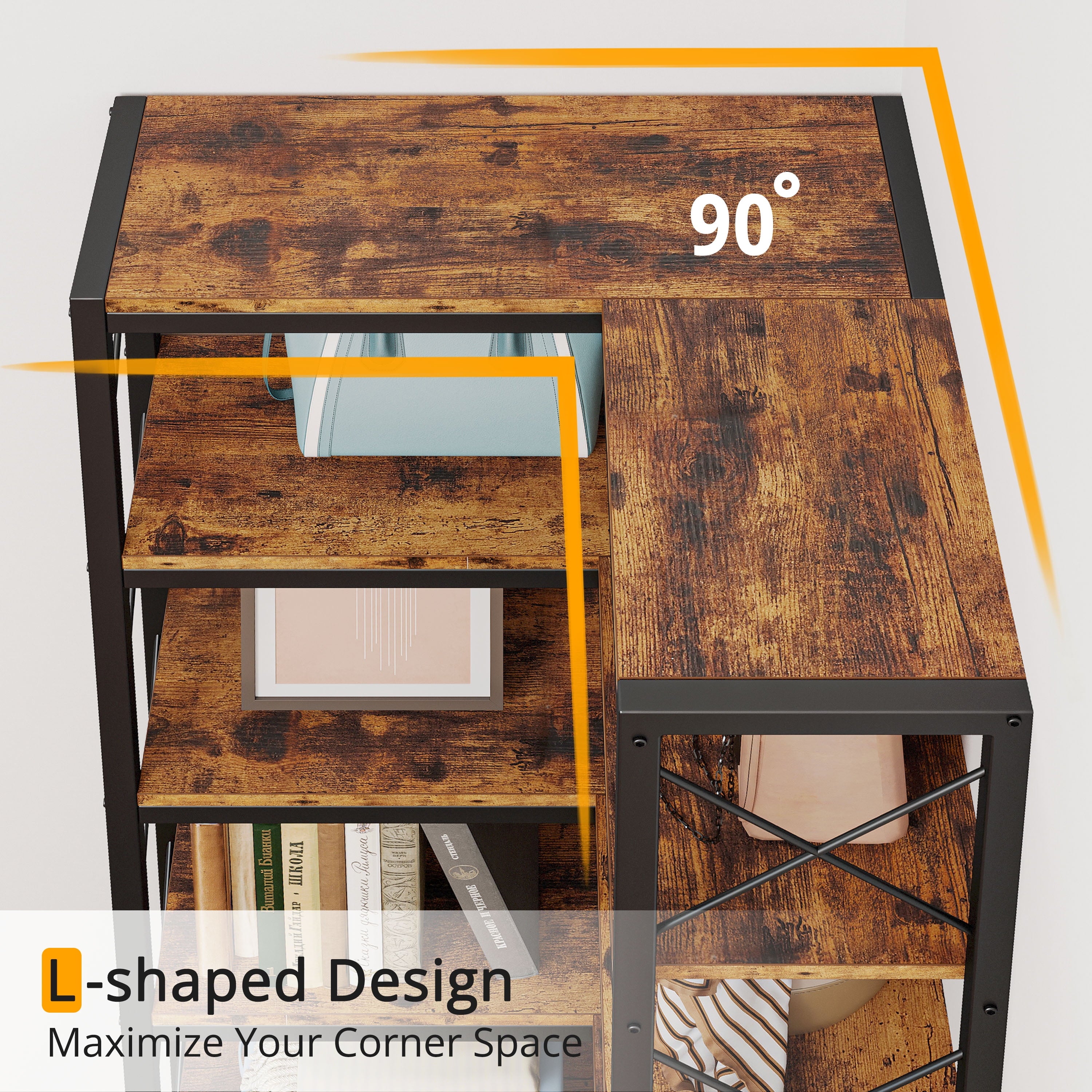 IRONCK 6-Tier Corner Shelf, Industrial Display Bookshelf, Freestanding Bookcase for Living Room Home Office, 23.6"W