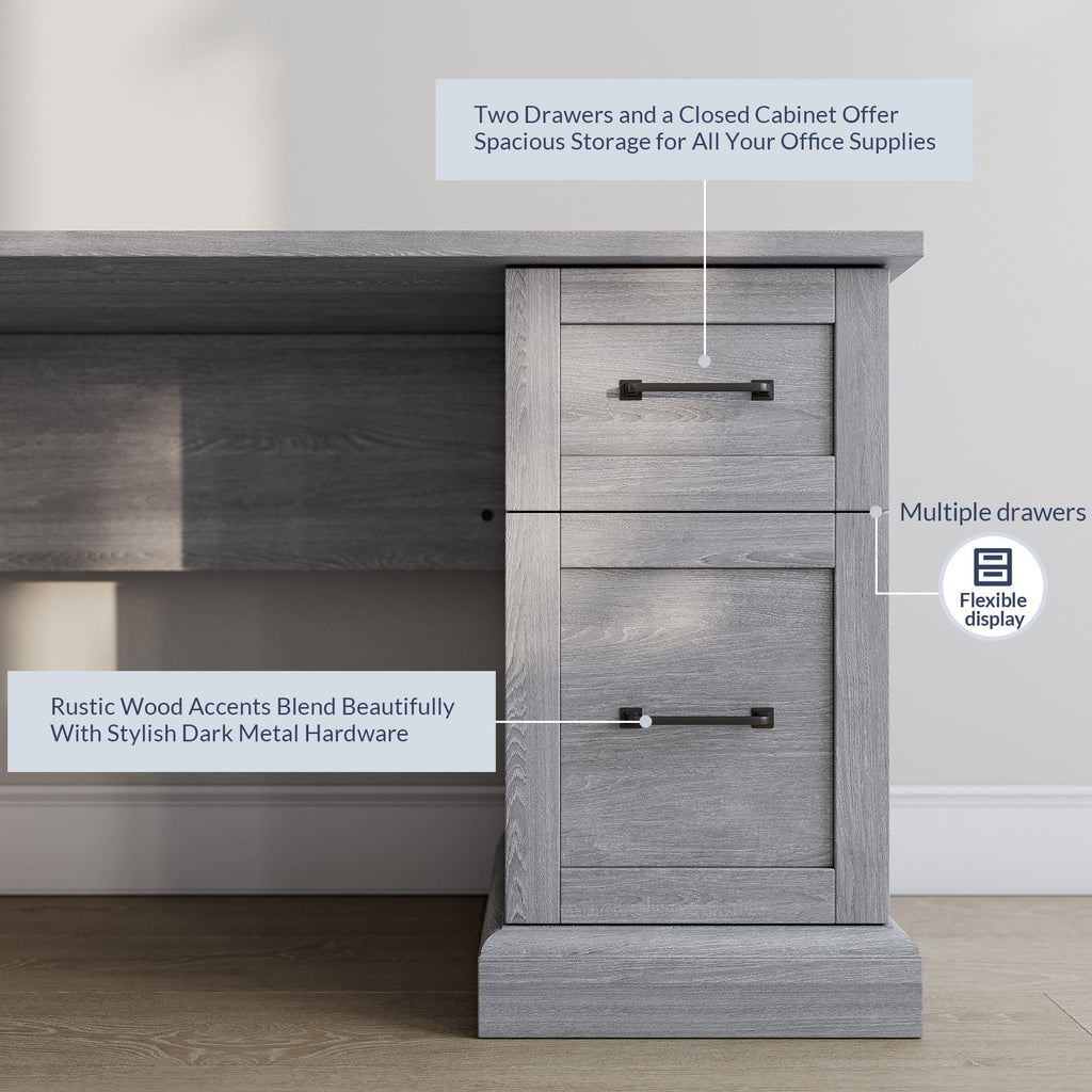 BELLEZE Modern Corner L-Shaped Home Office Computer Laptop Desk or Writing Study Workstation with Keyboard Tray, Two Drawers and Cabinet - Barlow (Stone Gray)