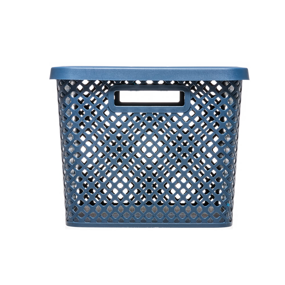Mainstays Extra Large Decorative Plastic Storage Basket W/Lid, Blue Cove